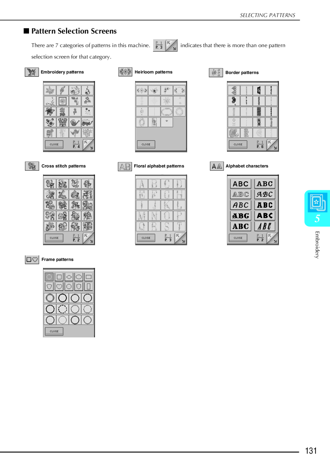 Brother 882-S90/S91 manual 131, Pattern Selection Screens 