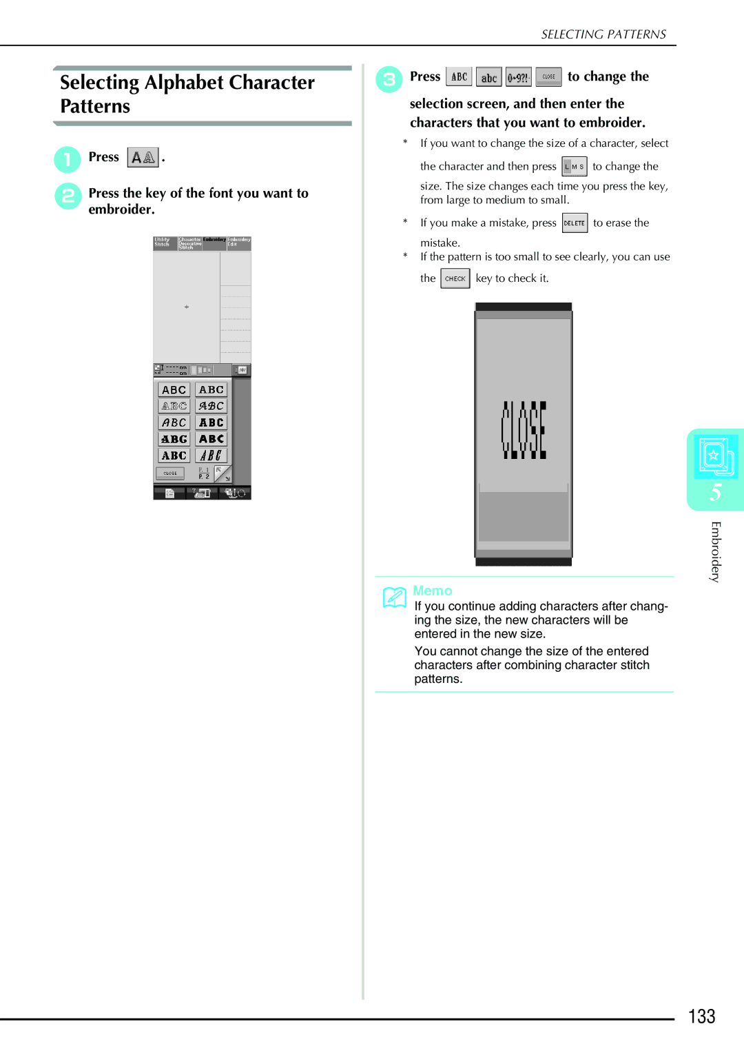 Brother 882-S90/S91 Selecting Alphabet Character Patterns, 133, Press Press the key of the font you want to embroider 