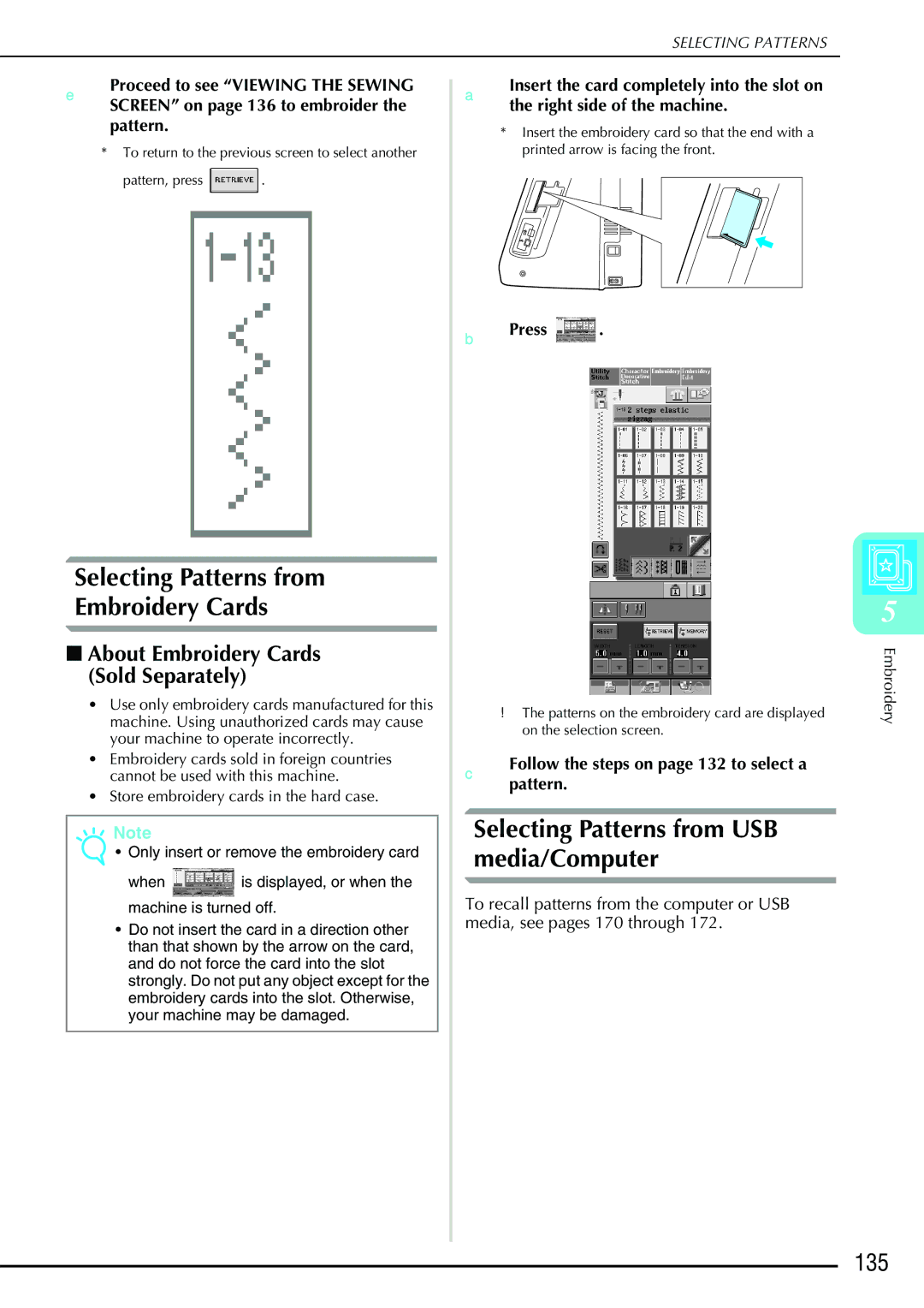 Brother 882-S90/S91 manual Selecting Patterns from Embroidery Cards, Selecting Patterns from USB media/Computer, 135 