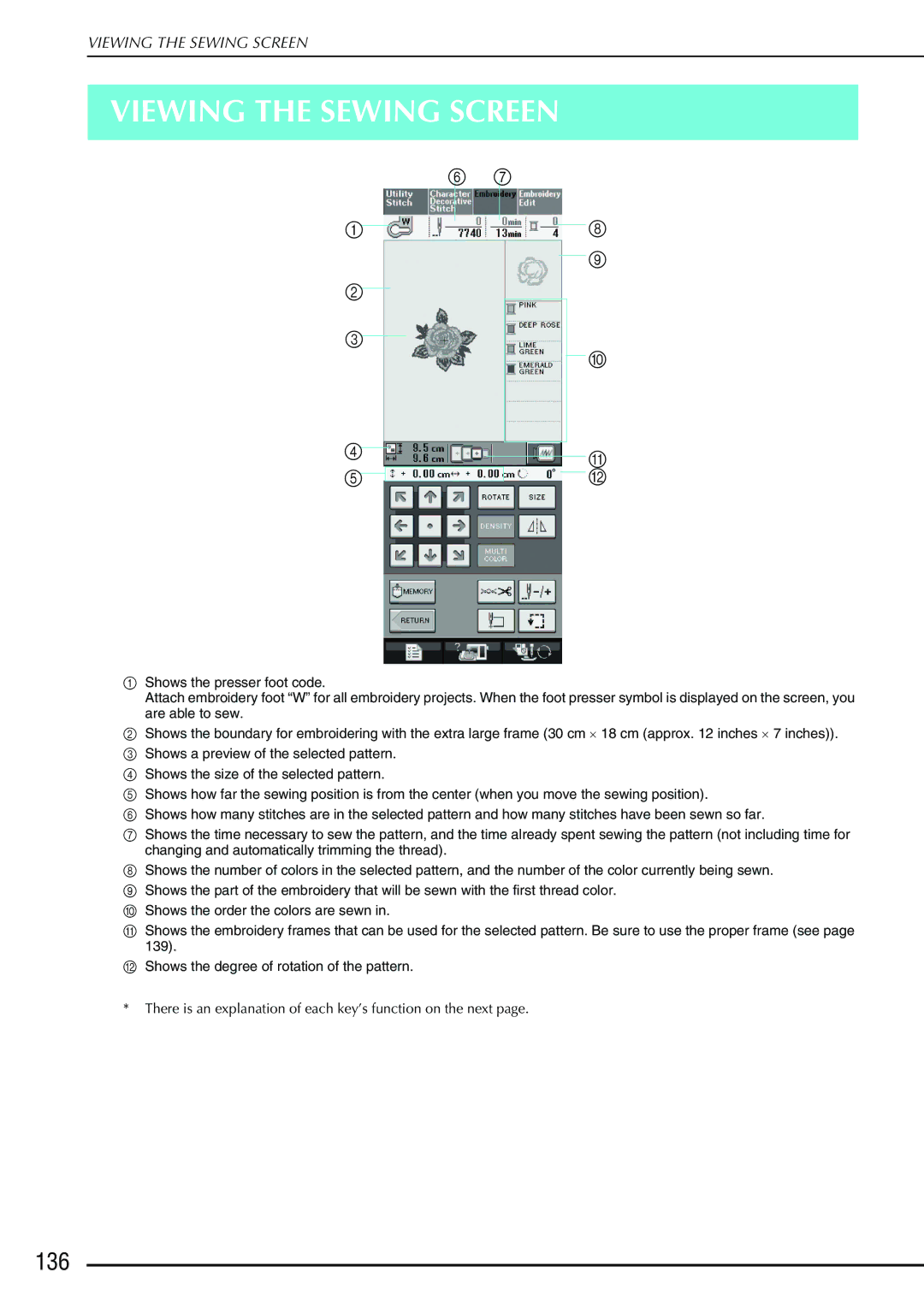 Brother 882-S90/S91 manual Viewing the Sewing Screen, 136 