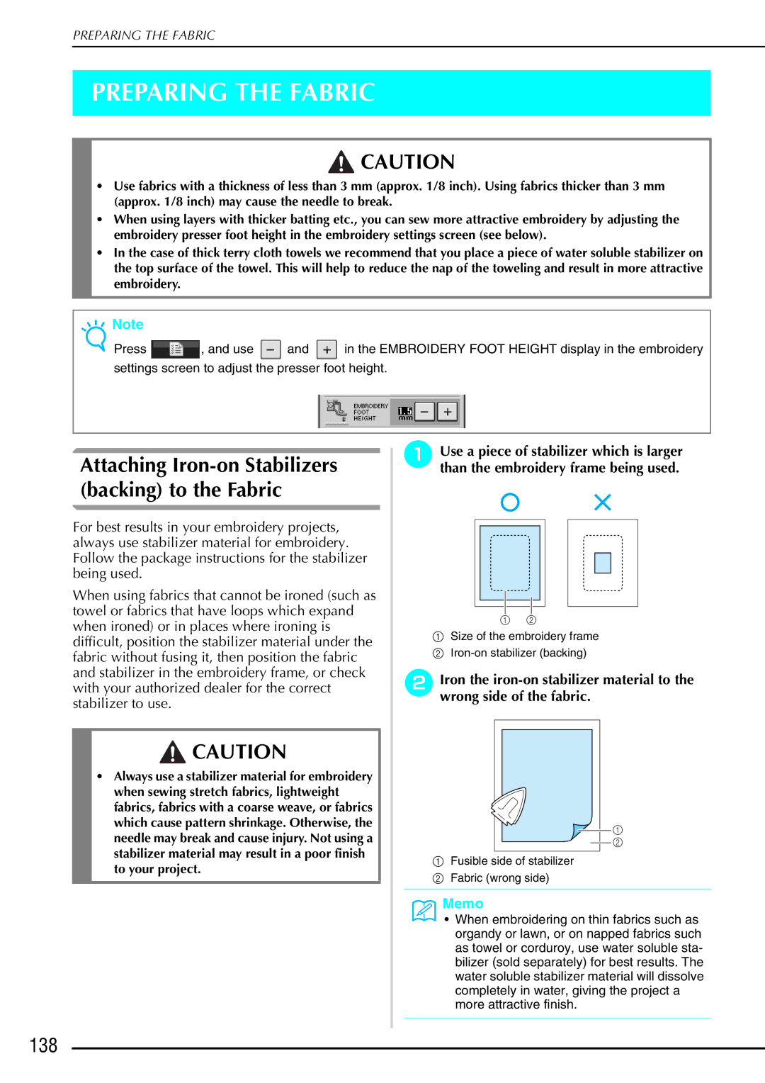 Brother 882-S90/S91 manual Preparing the Fabric, 138 