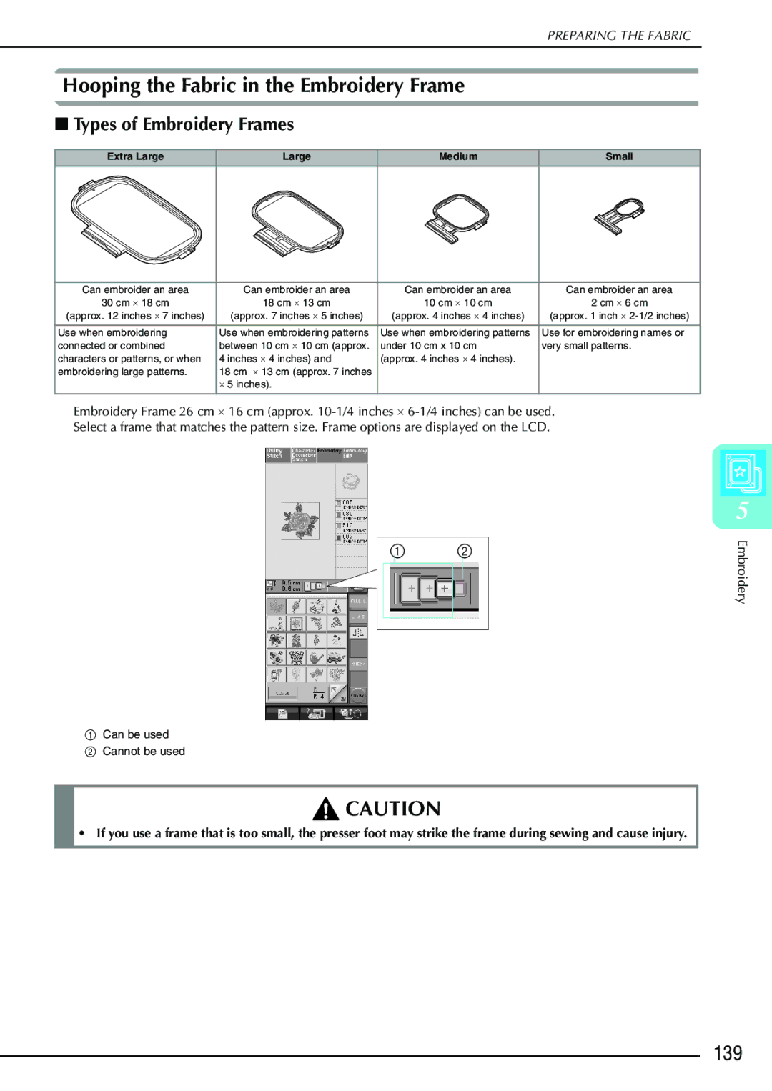 Brother 882-S90/S91 manual Hooping the Fabric in the Embroidery Frame, 139, Types of Embroidery Frames 