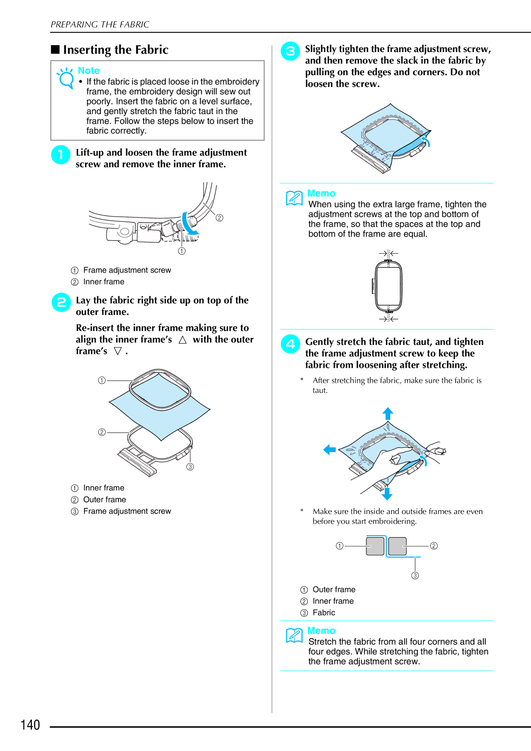 Brother 882-S90/S91 manual 140, Inserting the Fabric 