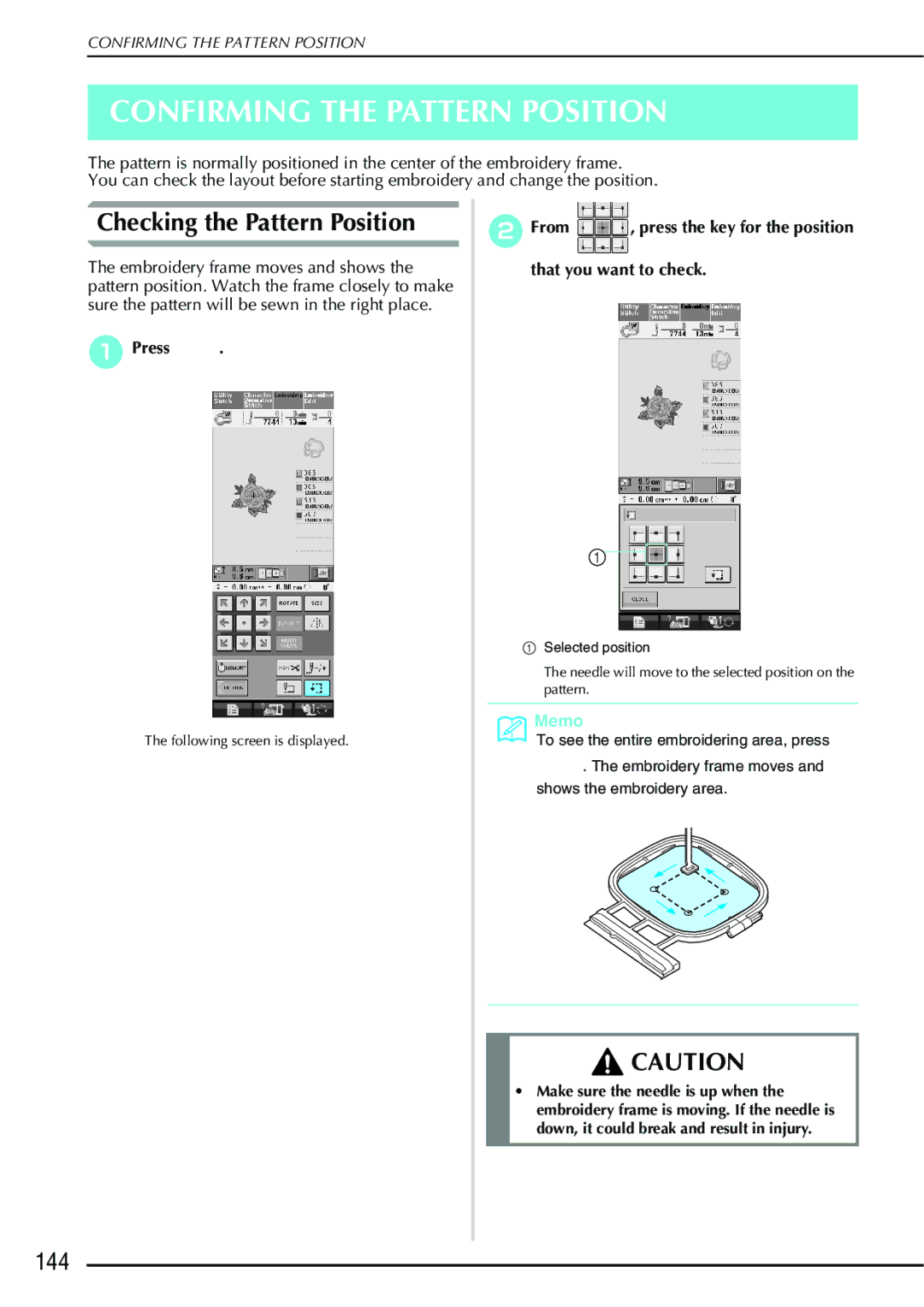 Brother 882-S90/S91 manual Confirming the Pattern Position, Checking the Pattern Position, 144, That you want to check 