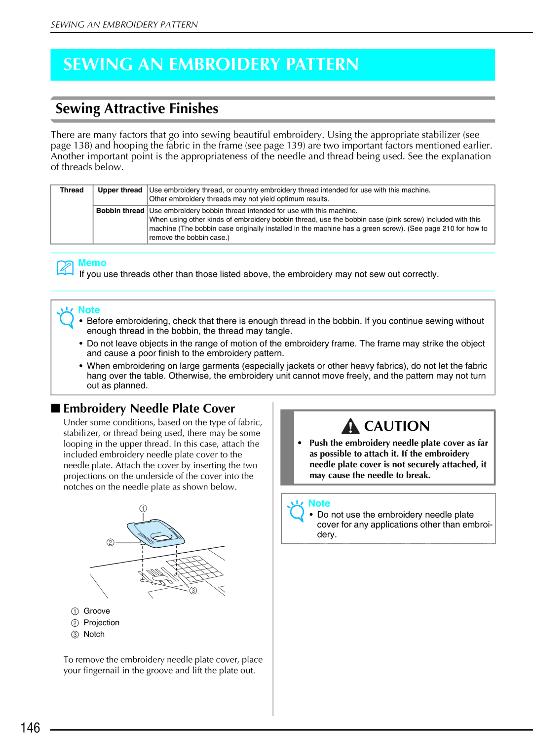 Brother 882-S90/S91 manual Sewing AN Embroidery Pattern, 146, Embroidery Needle Plate Cover 