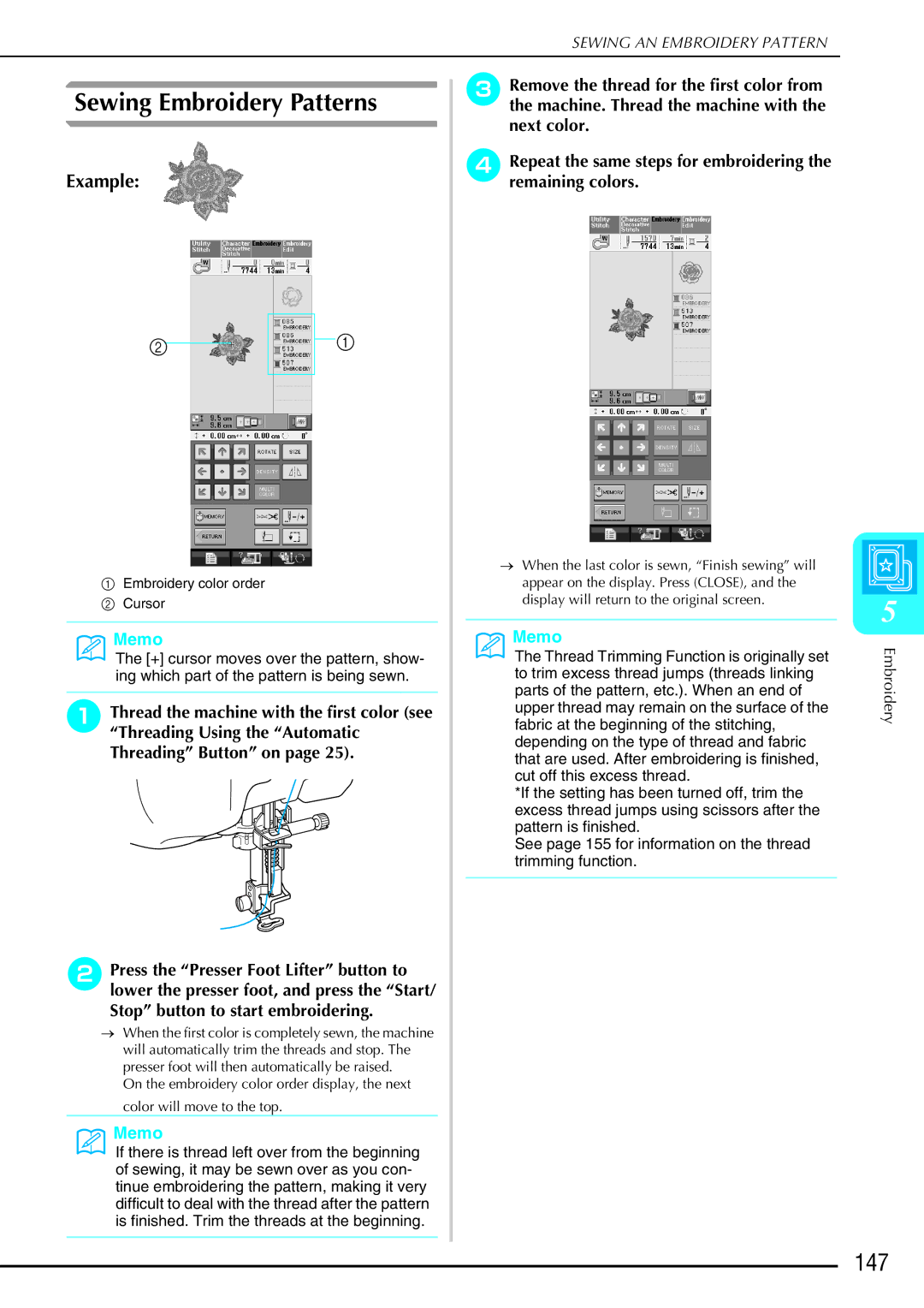 Brother 882-S90/S91 manual Sewing Embroidery Patterns, 147 