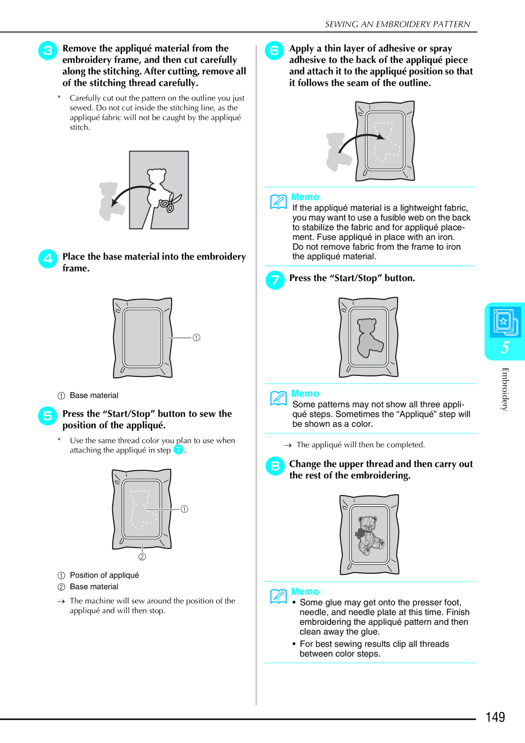 Brother 882-S90/S91 manual 149, Press the Start/Stop button 