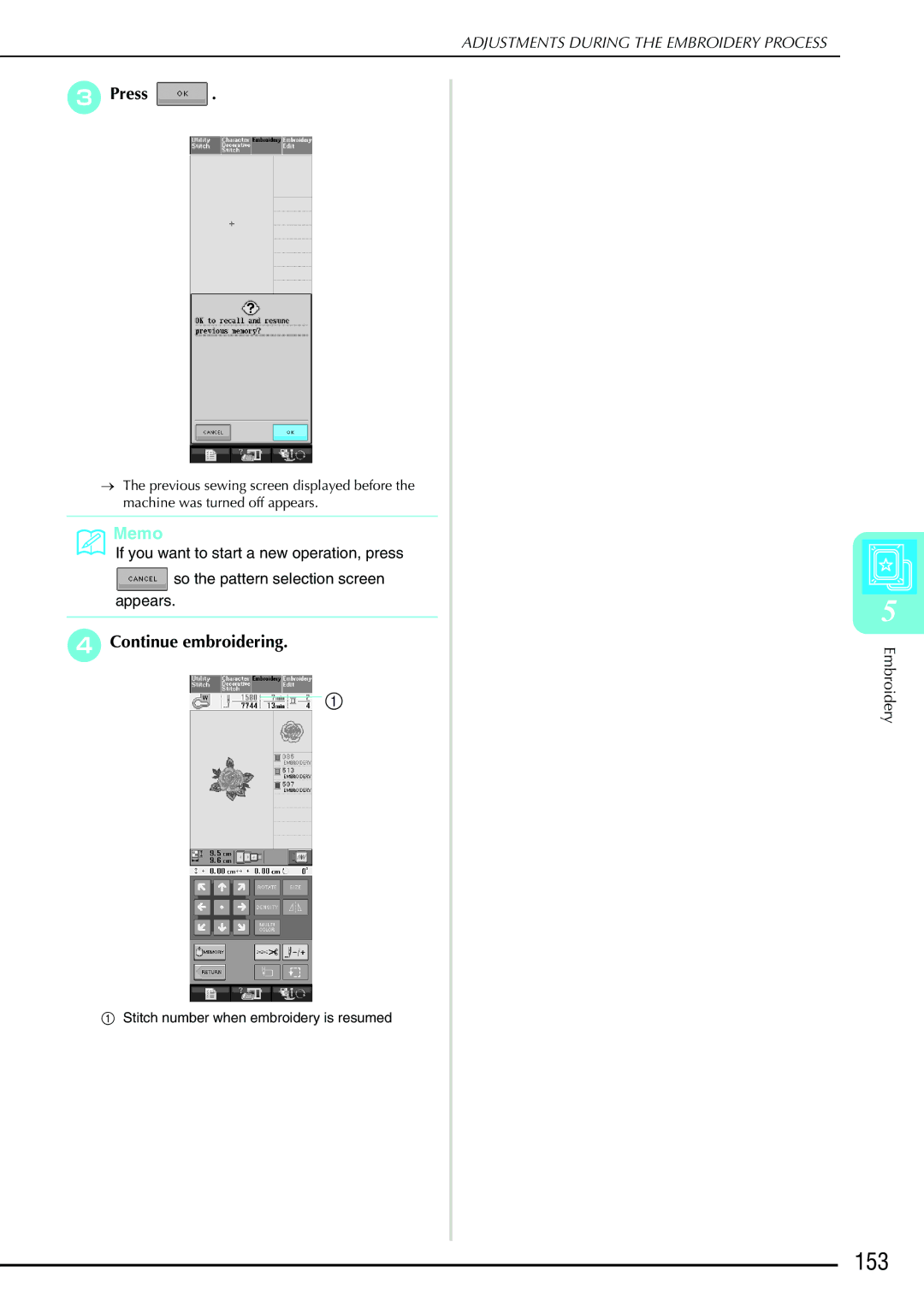 Brother 882-S90/S91 manual 153, Continue embroidering 