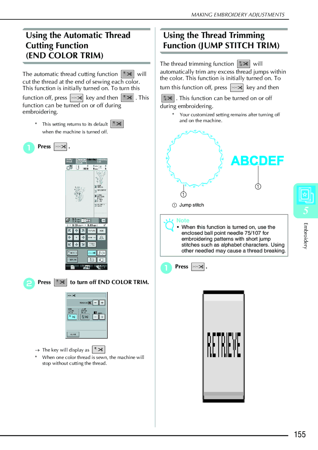Brother 882-S90/S91 manual Using the Automatic Thread Cutting Function, 155, Press BPress to turn off END Color Trim 