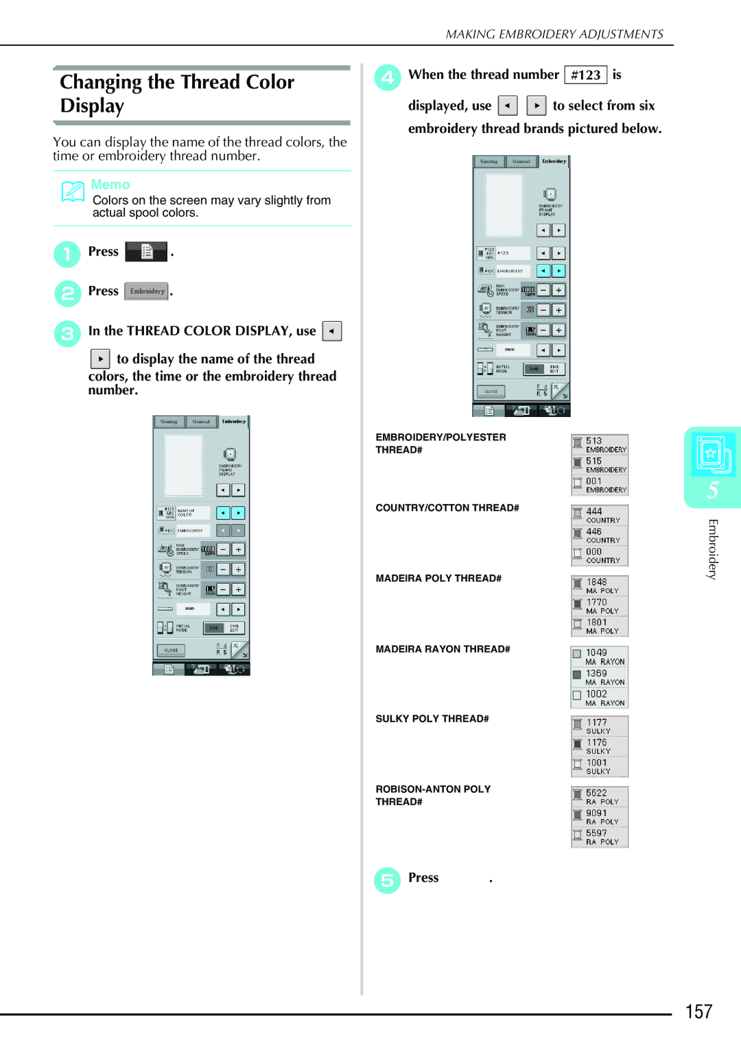 Brother 882-S90/S91 manual Changing the Thread Color Display, 157 