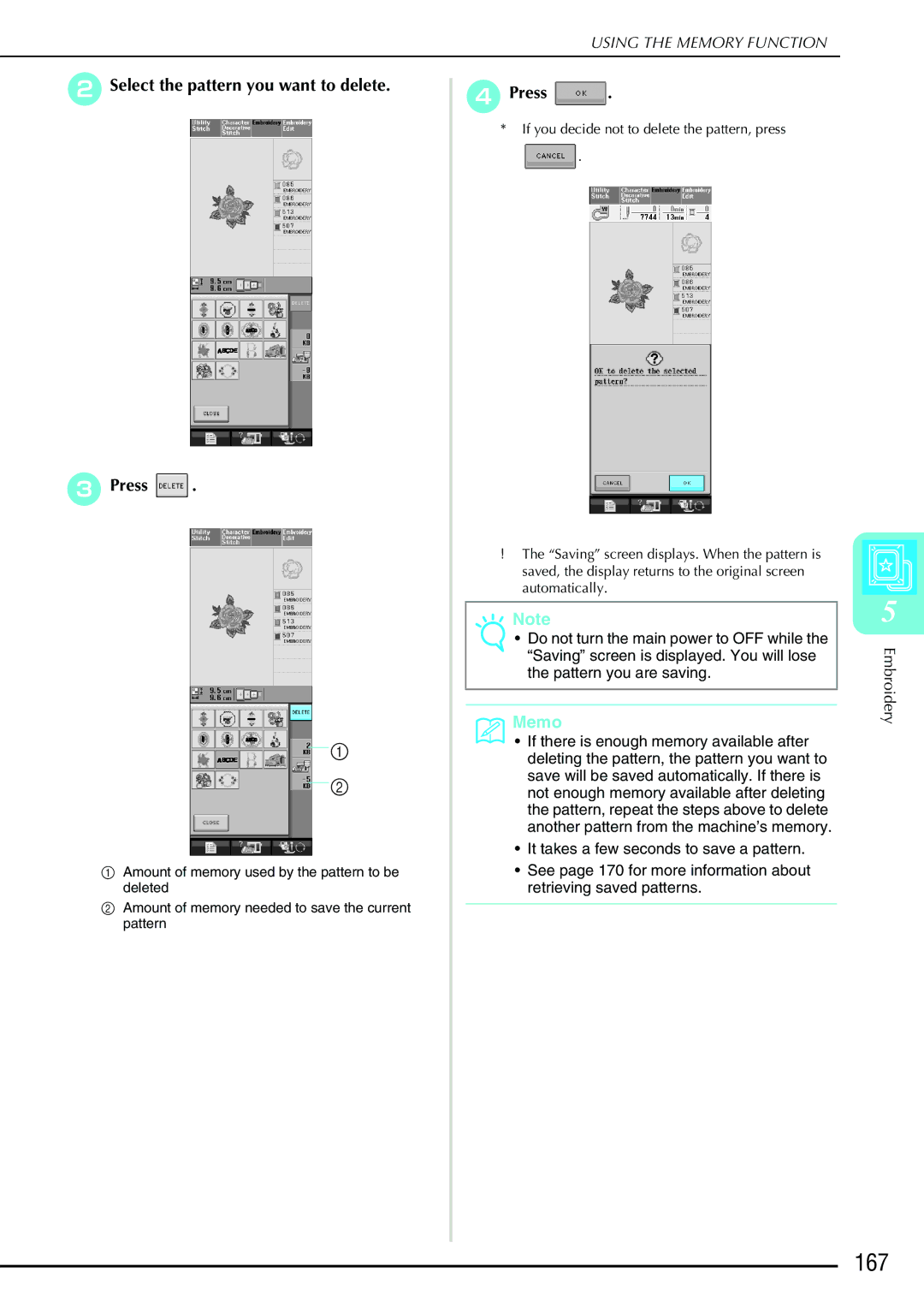 Brother 882-S90/S91 manual 167, Select the pattern you want to delete Press 