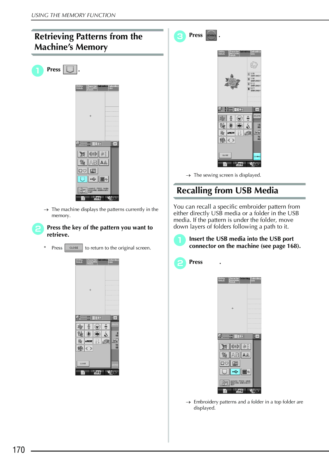 Brother 882-S90/S91 manual Retrieving Patterns from the Machine’s Memory, 170 
