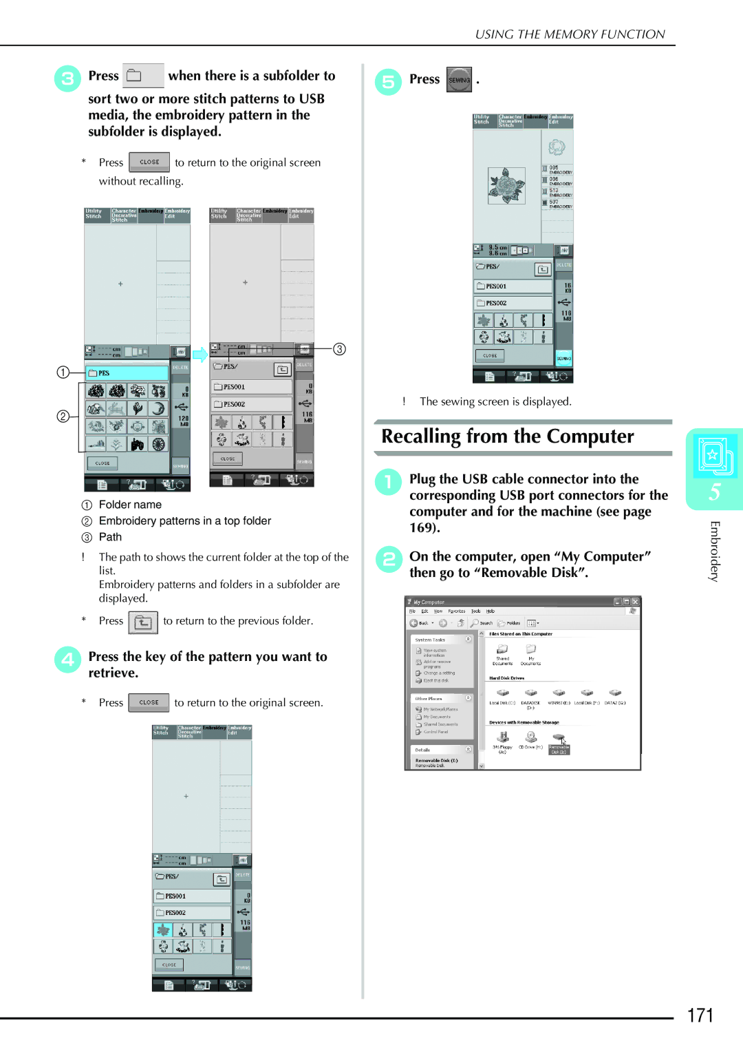 Brother 882-S90/S91 manual Recalling from the Computer, 171 