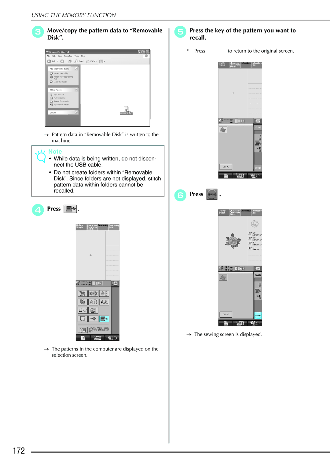 Brother 882-S90/S91 manual 172, Pressrecall.the key of the pattern you want to 