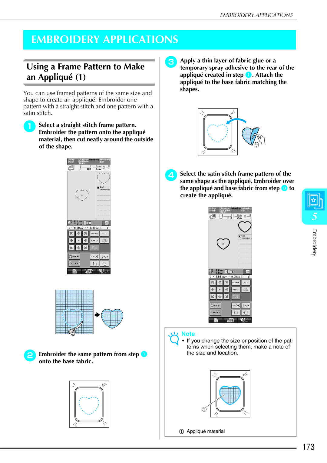 Brother 882-S90/S91 manual Embroidery Applications, Using a Frame Pattern to Make an Appliqué, 173 