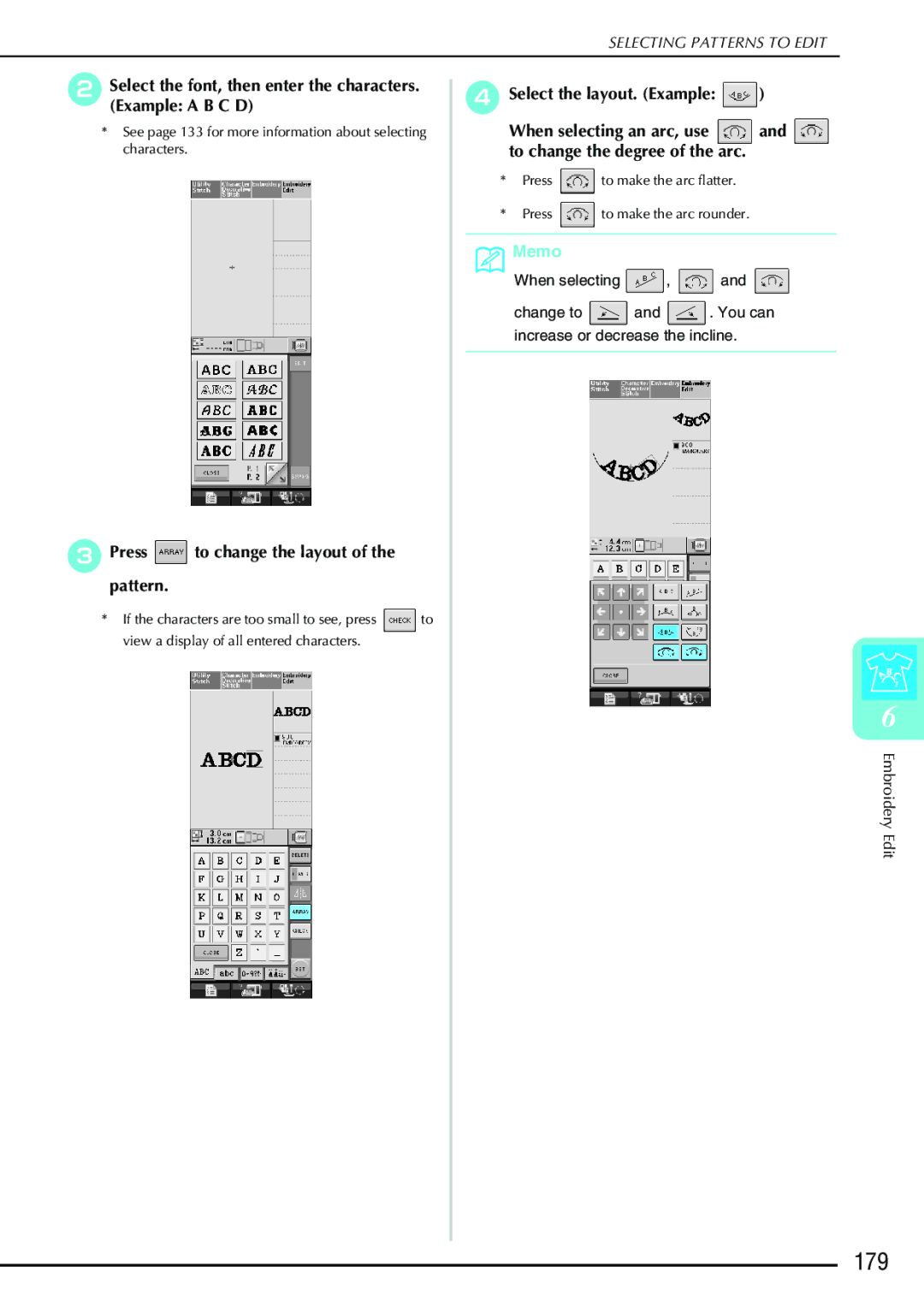 Brother 882-S90/S91 manual 179, Select the font, then enter the characters. Example a B C D 