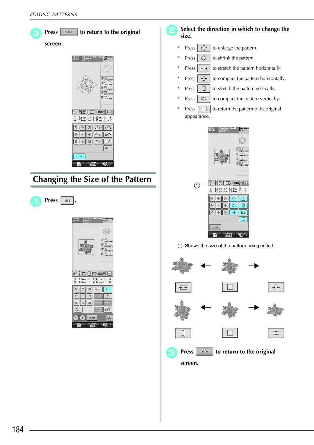 Brother 882-S90/S91 manual Changing the Size of the Pattern, 184, APress Selectsize. the direction in which to change 