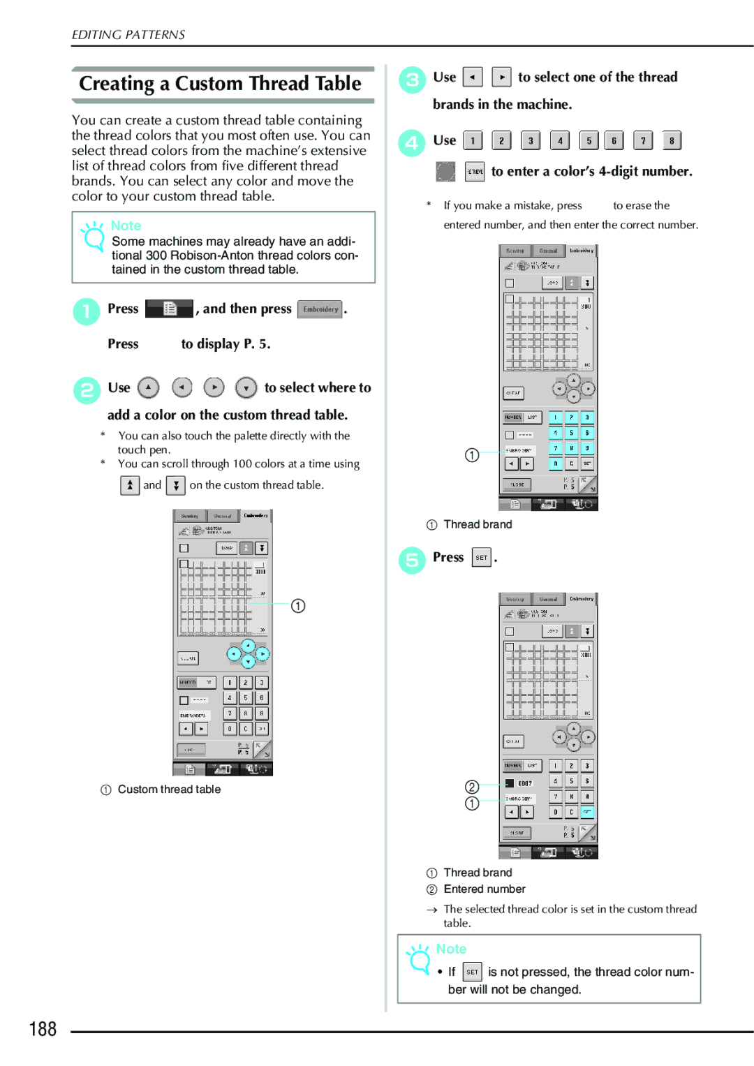 Brother 882-S90/S91 manual Creating a Custom Thread Table, 188 