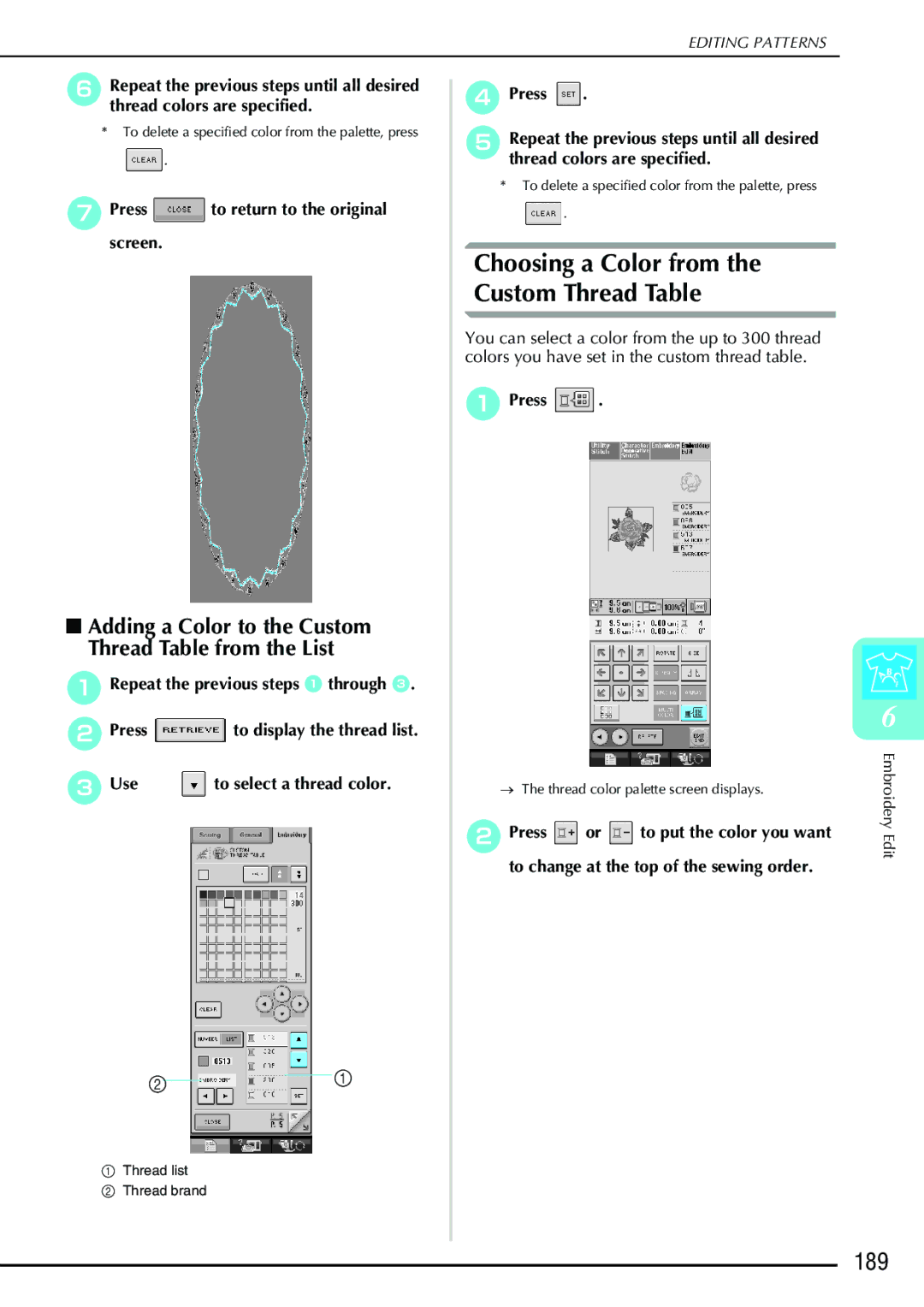 Brother 882-S90/S91 manual 189, Adding a Color to the Custom Thread Table from the List 
