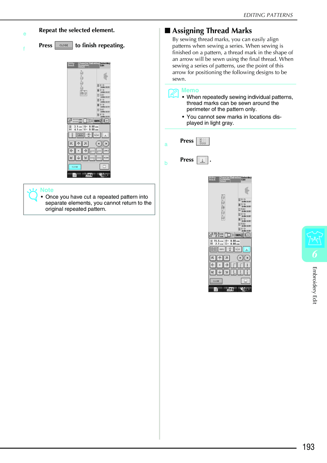 Brother 882-S90/S91 manual 193, Assigning Thread Marks, Repeat the selected element Press to finish repeating, Press BPress 