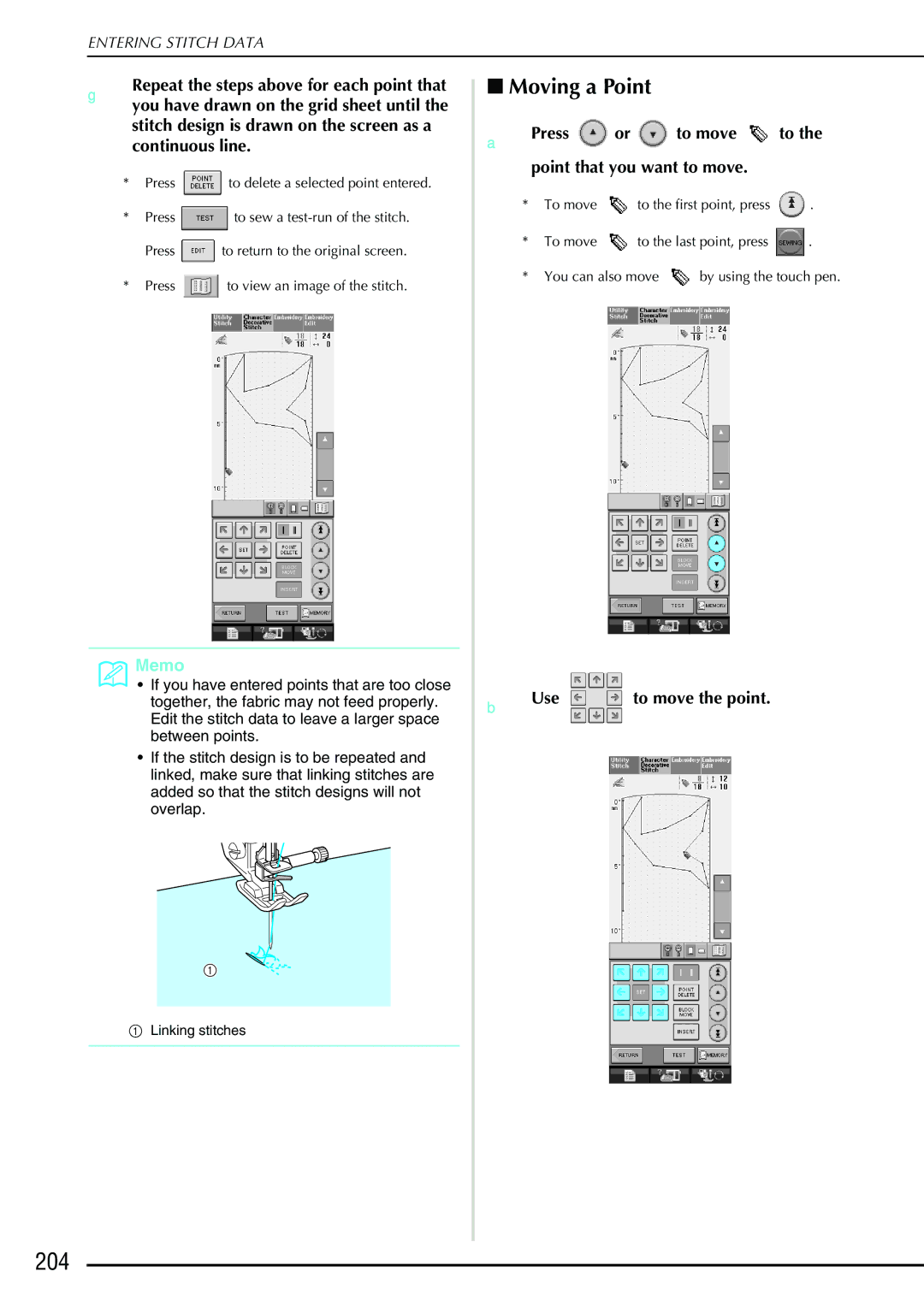 Brother 882-S90/S91 manual 204, Moving a Point, Press or to move to the point that you want to move 