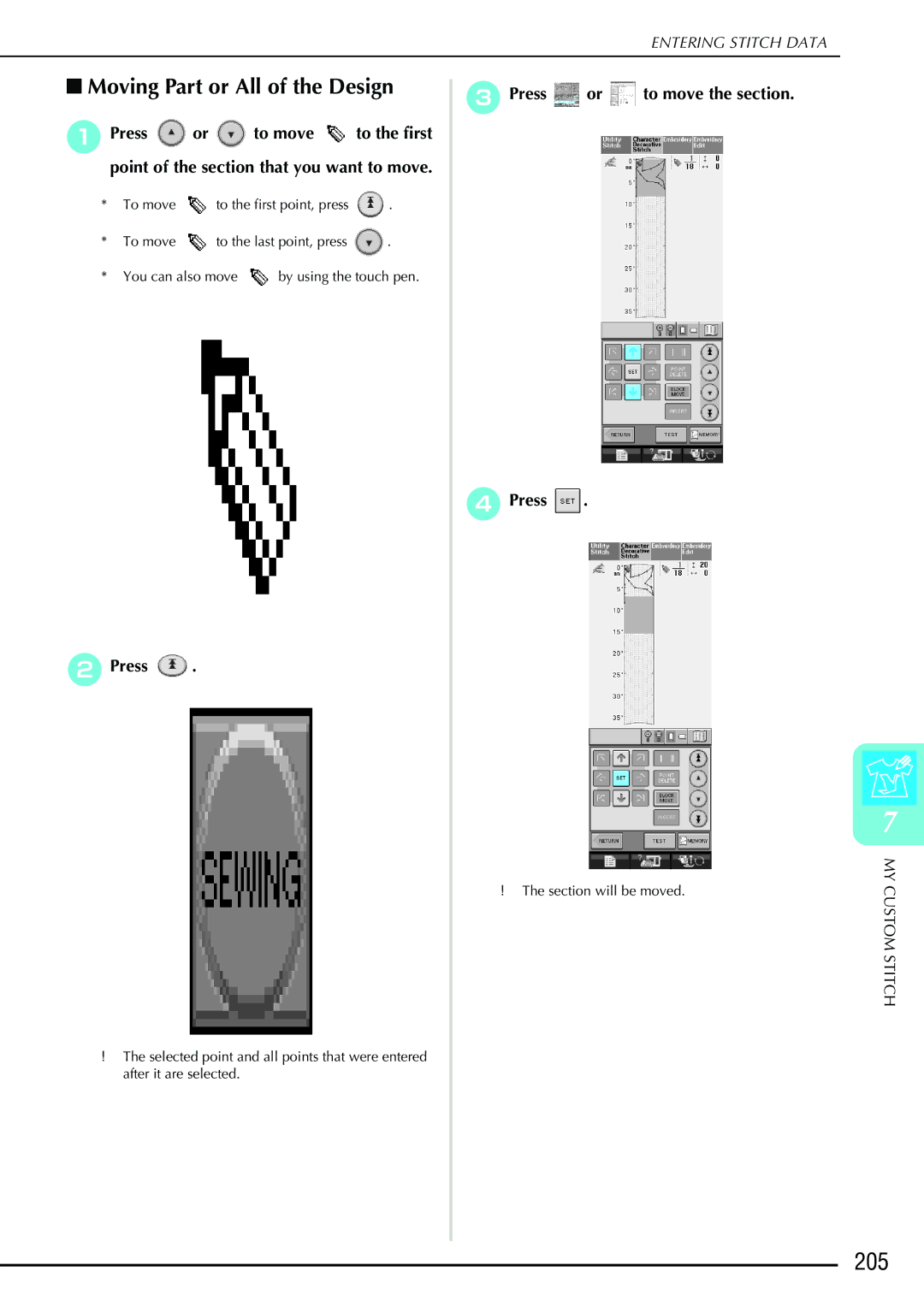 Brother 882-S90/S91 manual 205, Moving Part or All of the Design, CPress or to move the section DPress 