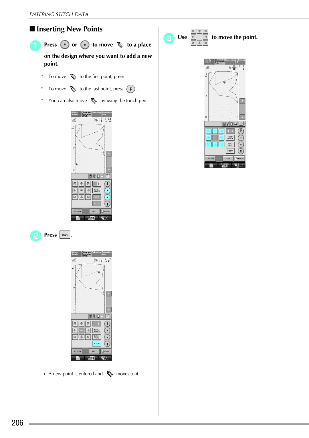 Brother 882-S90/S91 manual 206, Inserting New Points 