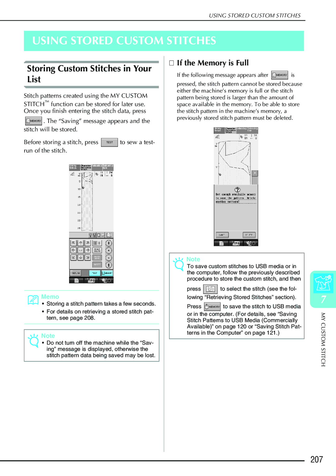 Brother 882-S90/S91 manual Using Stored Custom Stitches, Storing Custom Stitches in Your List, 207 