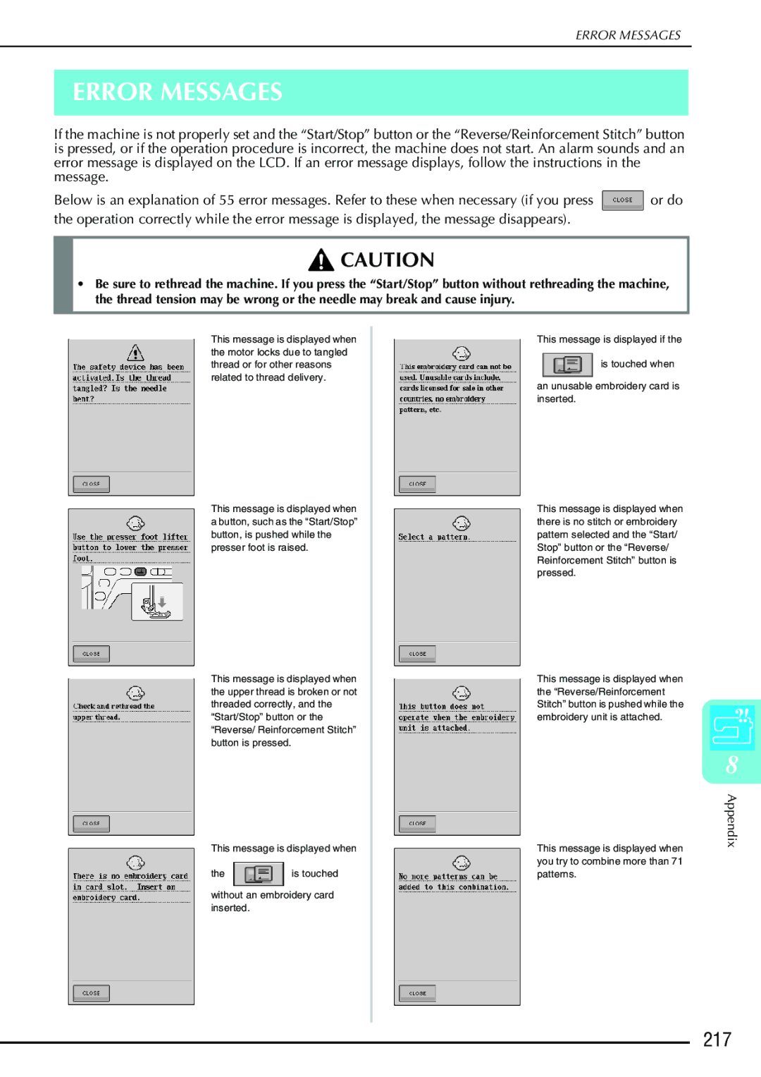 Brother 882-S90/S91 manual Error Messages, 217 