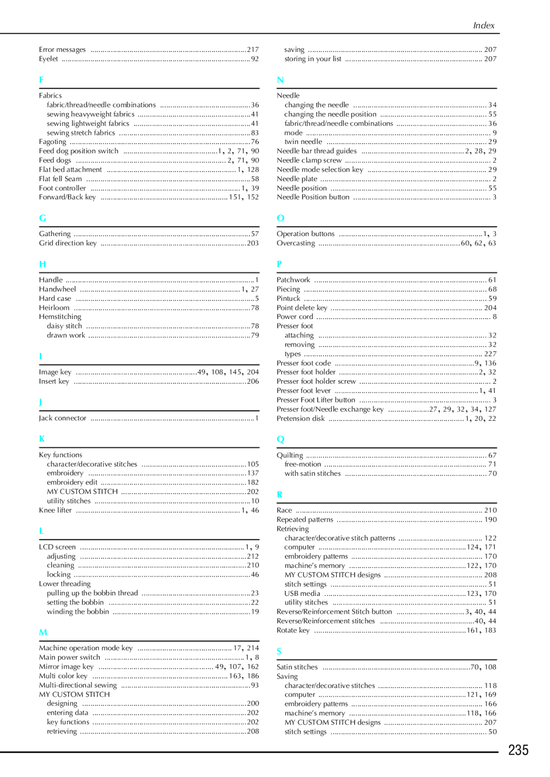 Brother 882-S90/S91 manual 235, Fabrics Needle Fabric/thread/needle combinations 