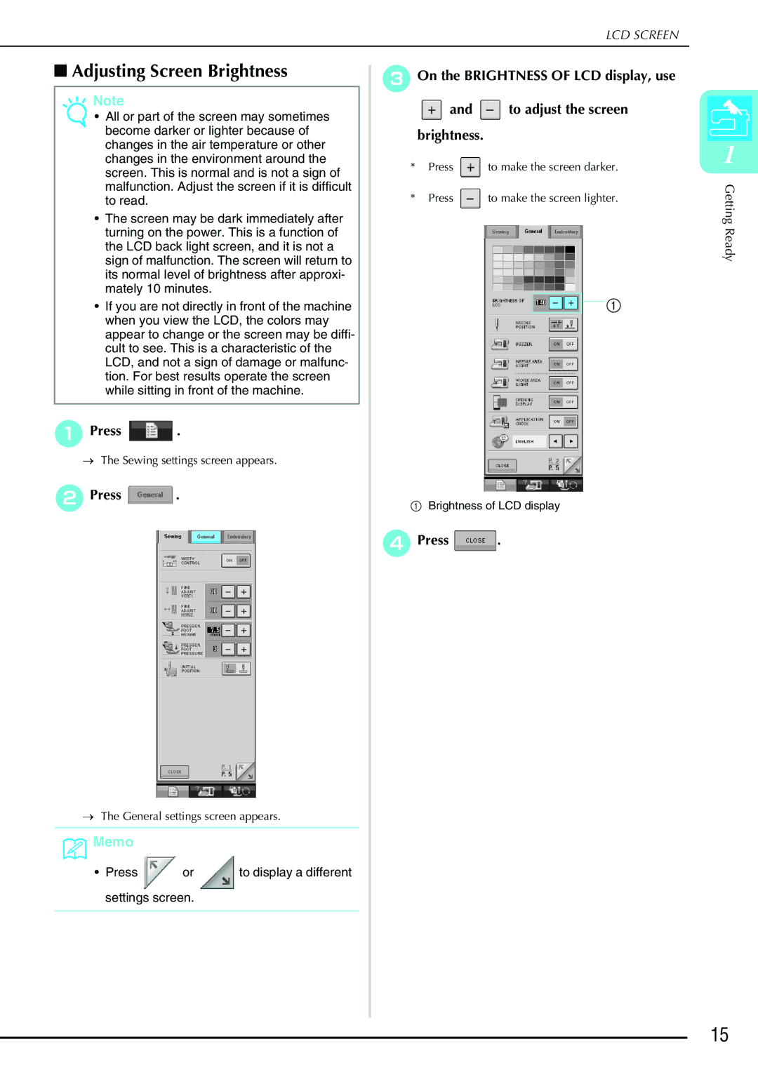 Brother 882-S90/S91 manual Adjusting Screen Brightness, Press 