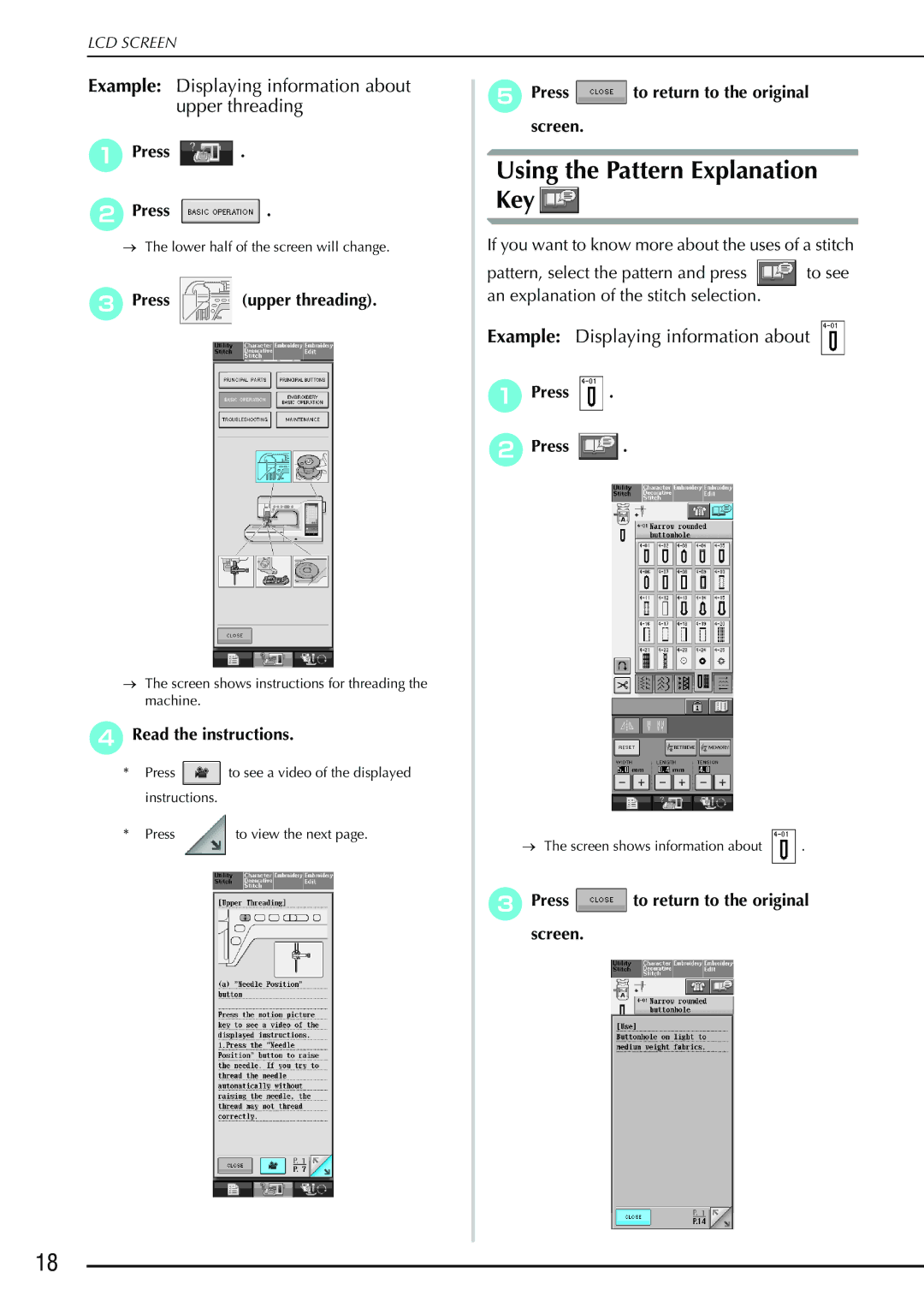 Brother 882-S90/S91 manual Using the Pattern Explanation Key, Read the instructions, Press to return to the original screen 