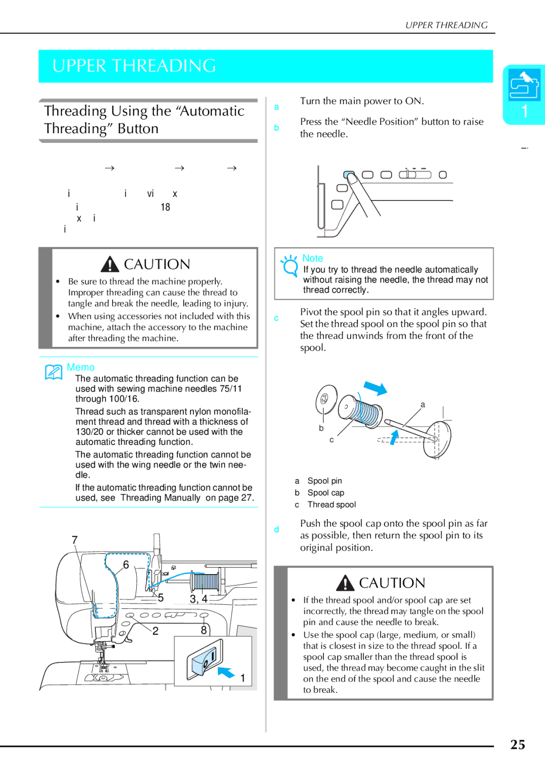 Brother 882-S90/S91 manual Upper Threading, Threading Using the Automatic Threading Button 