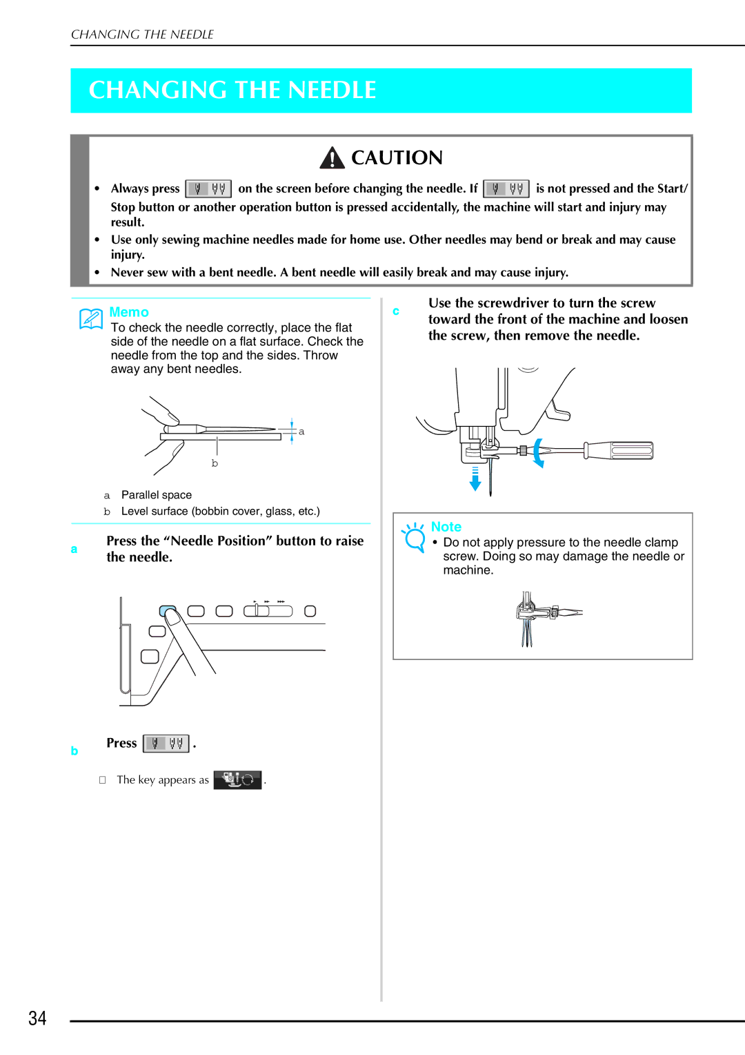 Brother 882-S90/S91 manual Changing the Needle, Press 