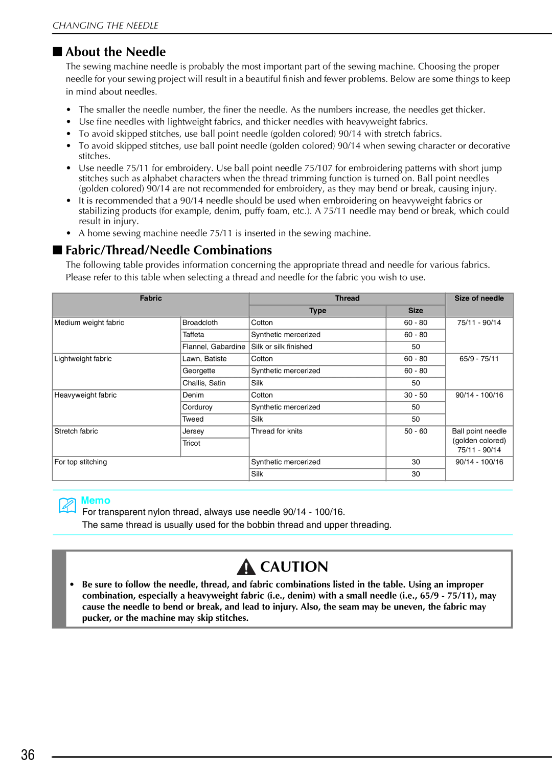 Brother 882-S90/S91 manual About the Needle, Fabric/Thread/Needle Combinations 