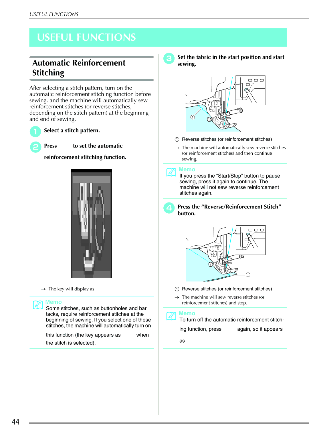 Brother 882-S90/S91 manual Useful Functions, Automatic Reinforcement Stitching, Select a stitch pattern 