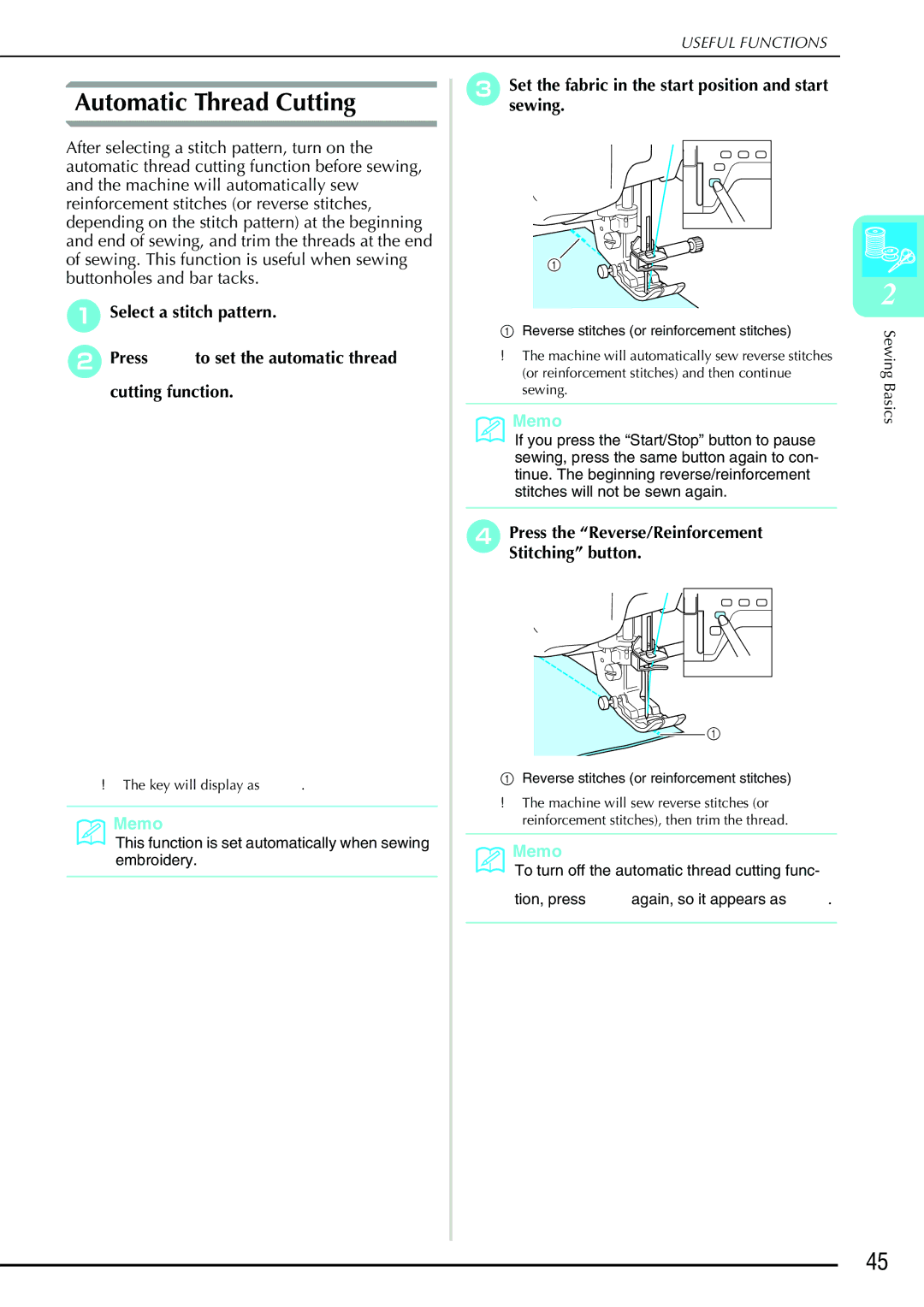 Brother 882-S90/S91 manual Automatic Thread Cutting, Press the Reverse/Reinforcement Stitching button 