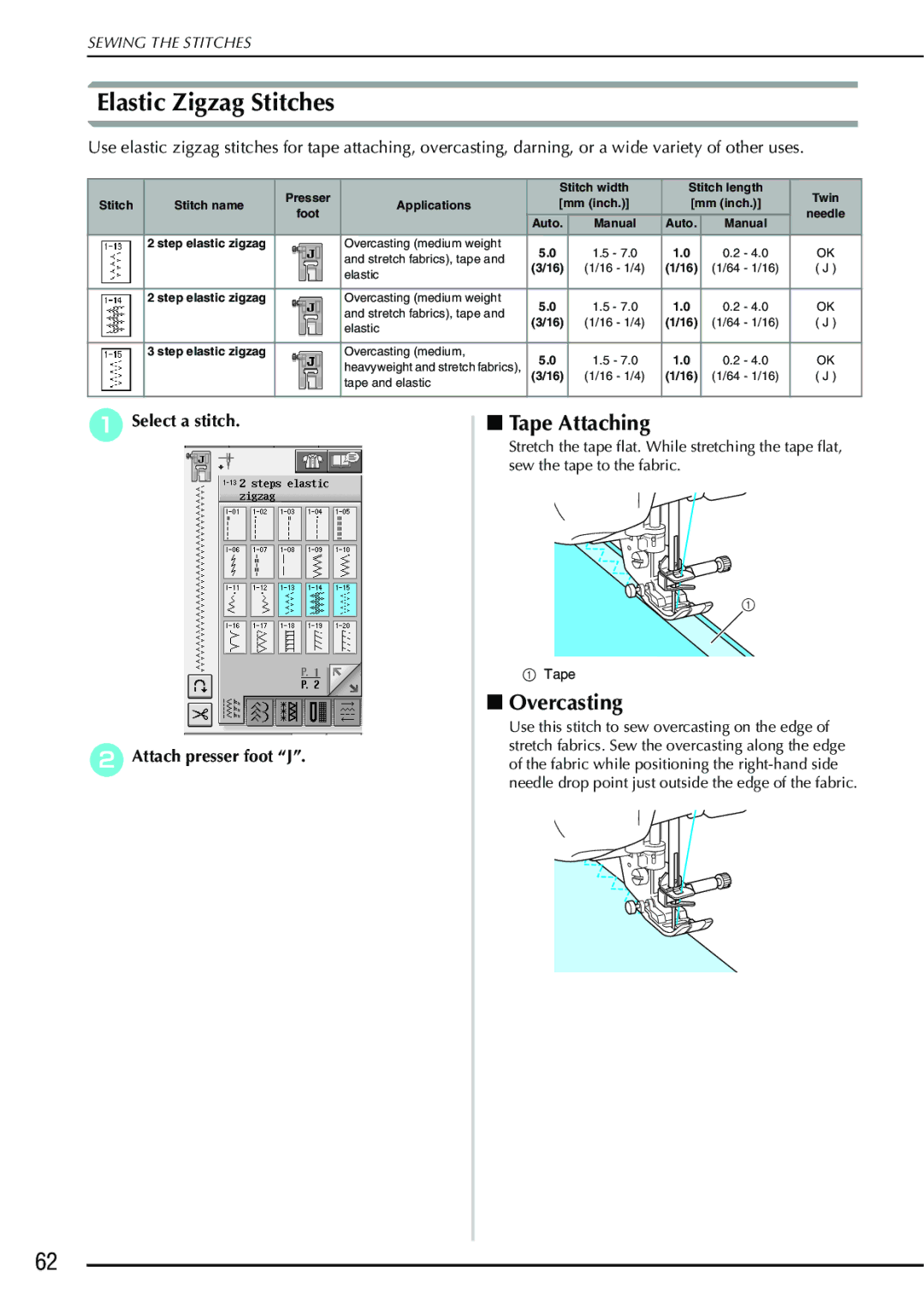 Brother 882-S90/S91 manual Elastic Zigzag Stitches, Tape Attaching, Overcasting 