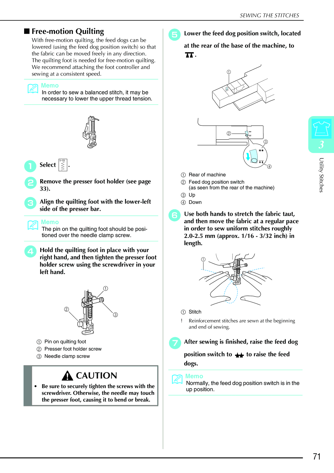 Brother 882-S90/S91 manual Free-motion Quilting 