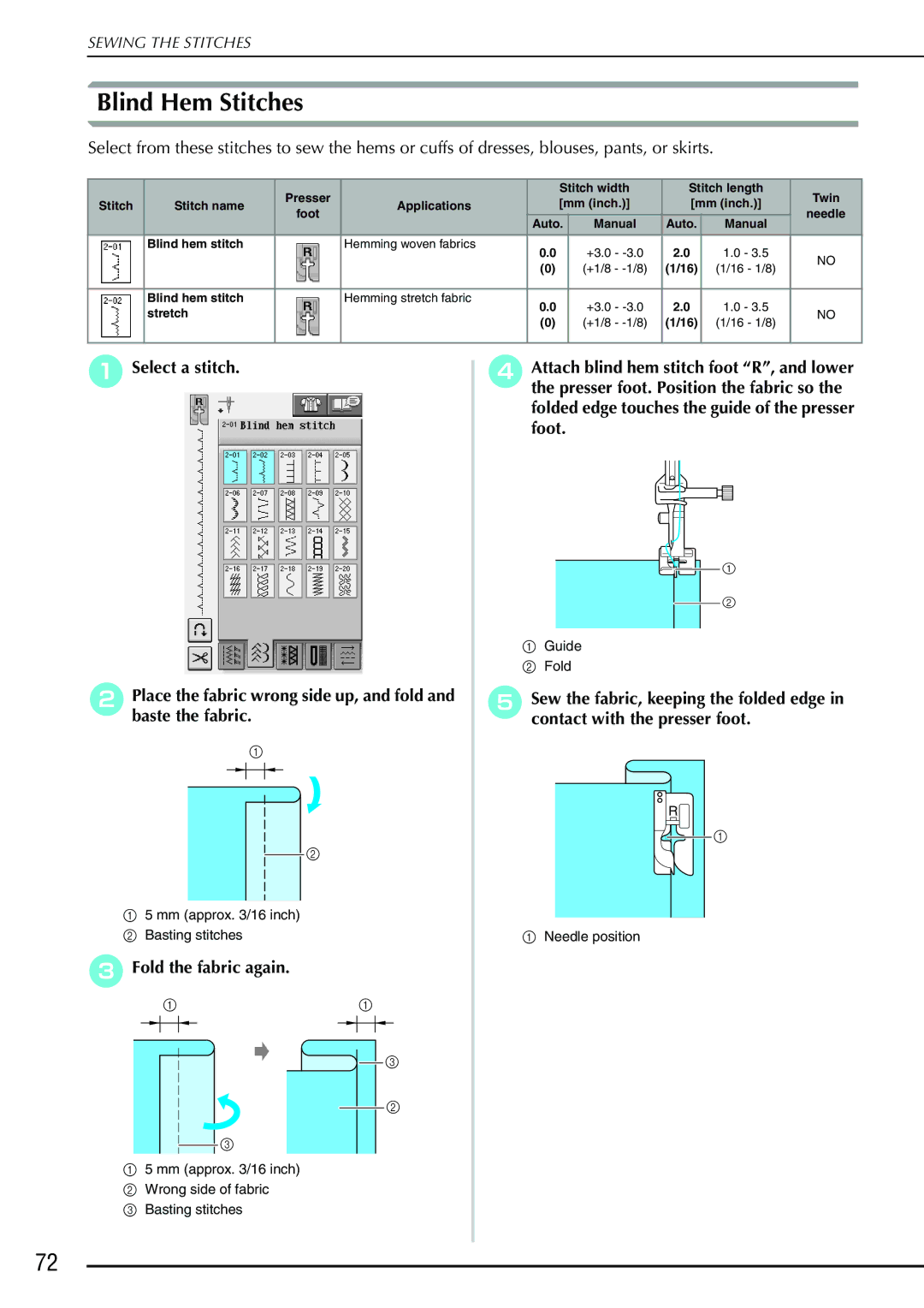 Brother 882-S90/S91 manual Blind Hem Stitches, Fold the fabric again 