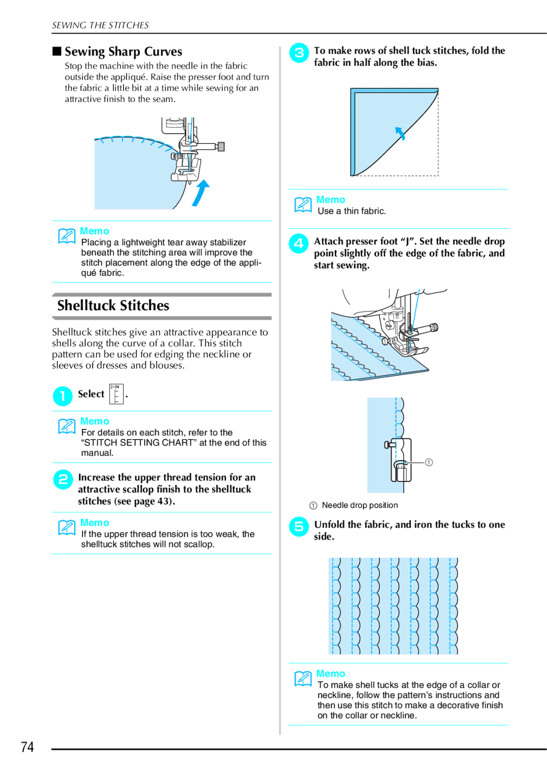 Brother 882-S90/S91 Shelltuck Stitches, Sewing Sharp Curves, Select, Unfoldside. the fabric, and iron the tucks to one 