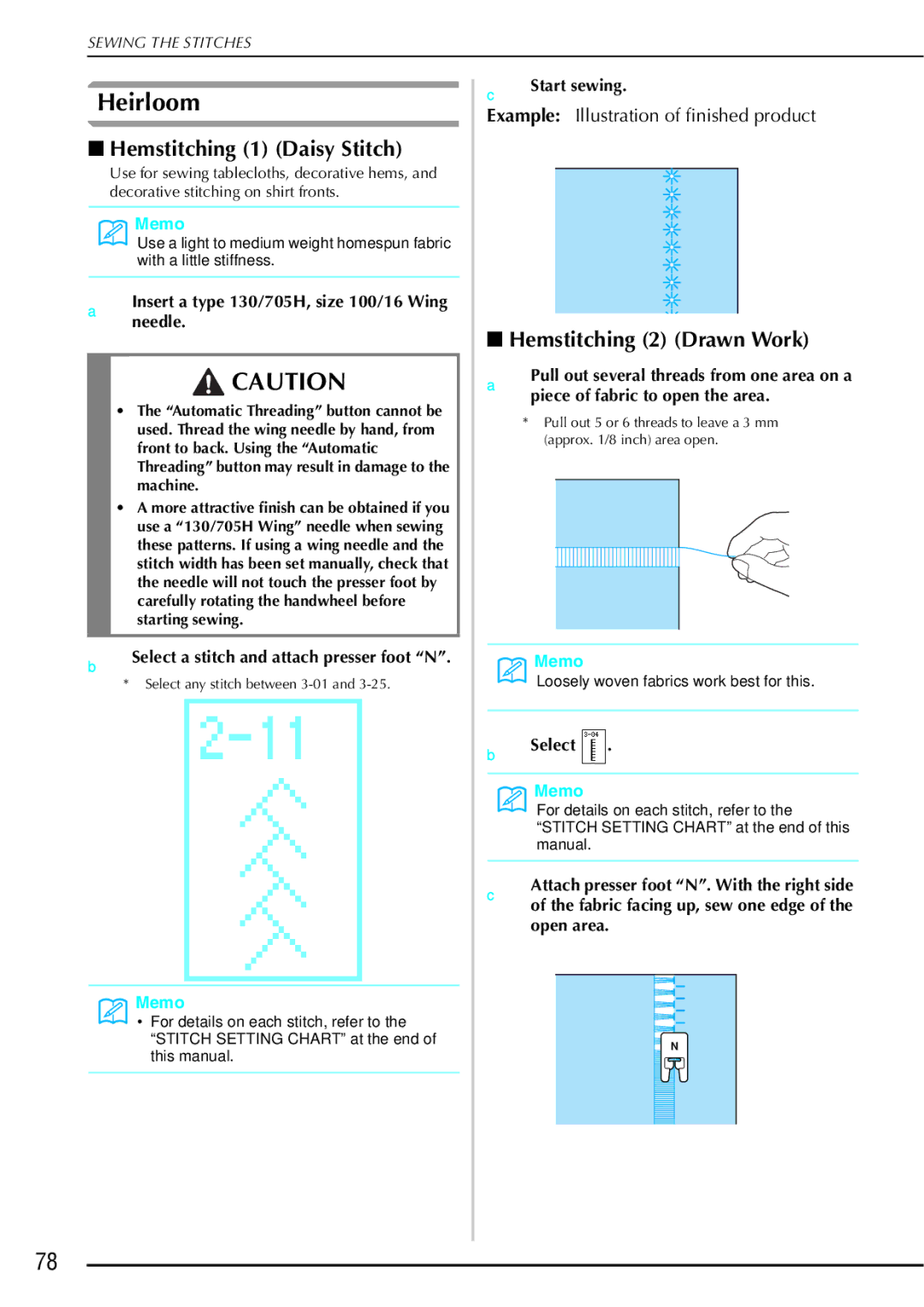 Brother 882-S90/S91 manual Heirloom, Hemstitching 1 Daisy Stitch, Hemstitching 2 Drawn Work 