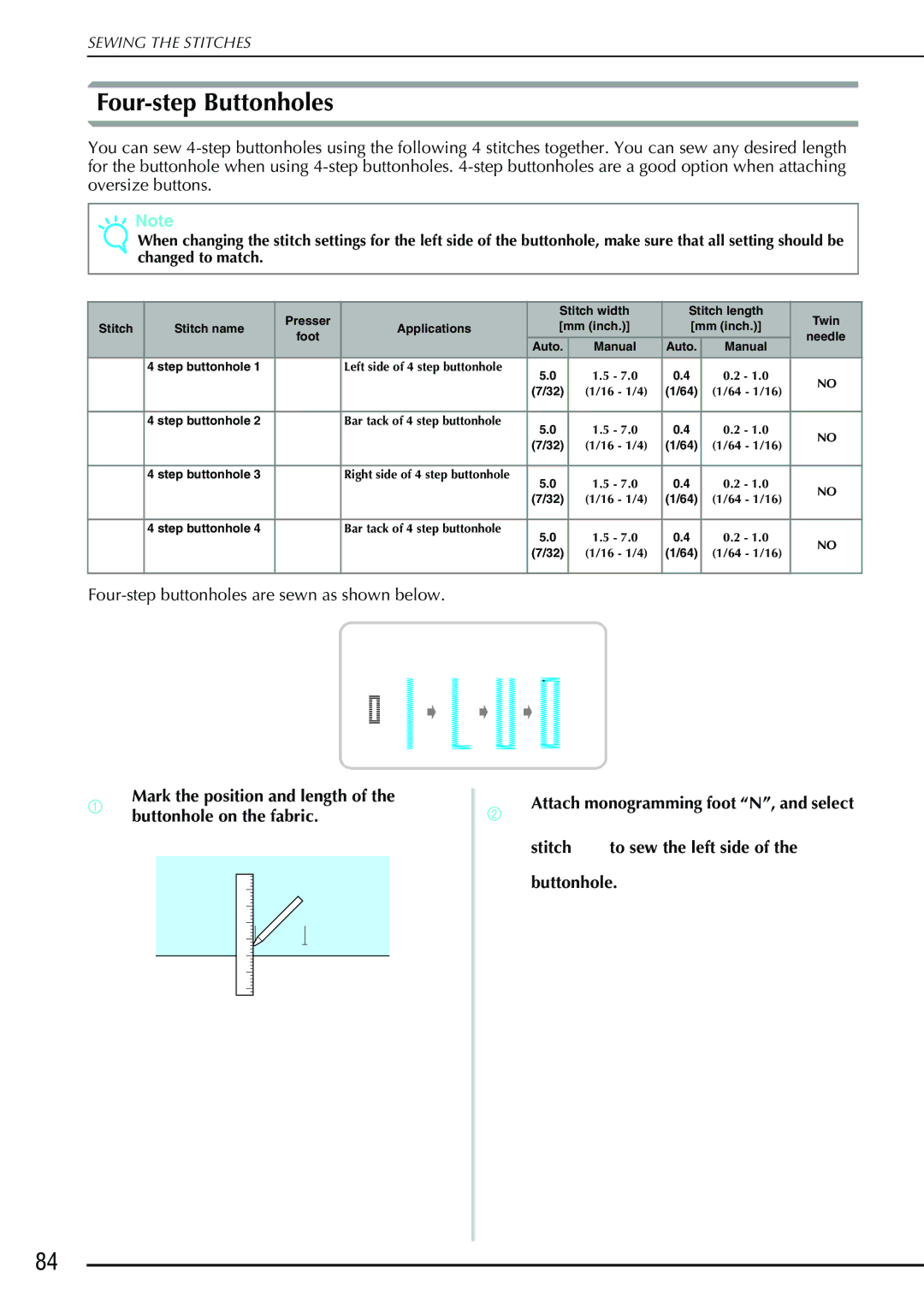 Brother 882-S90/S91 manual Four-step Buttonholes 