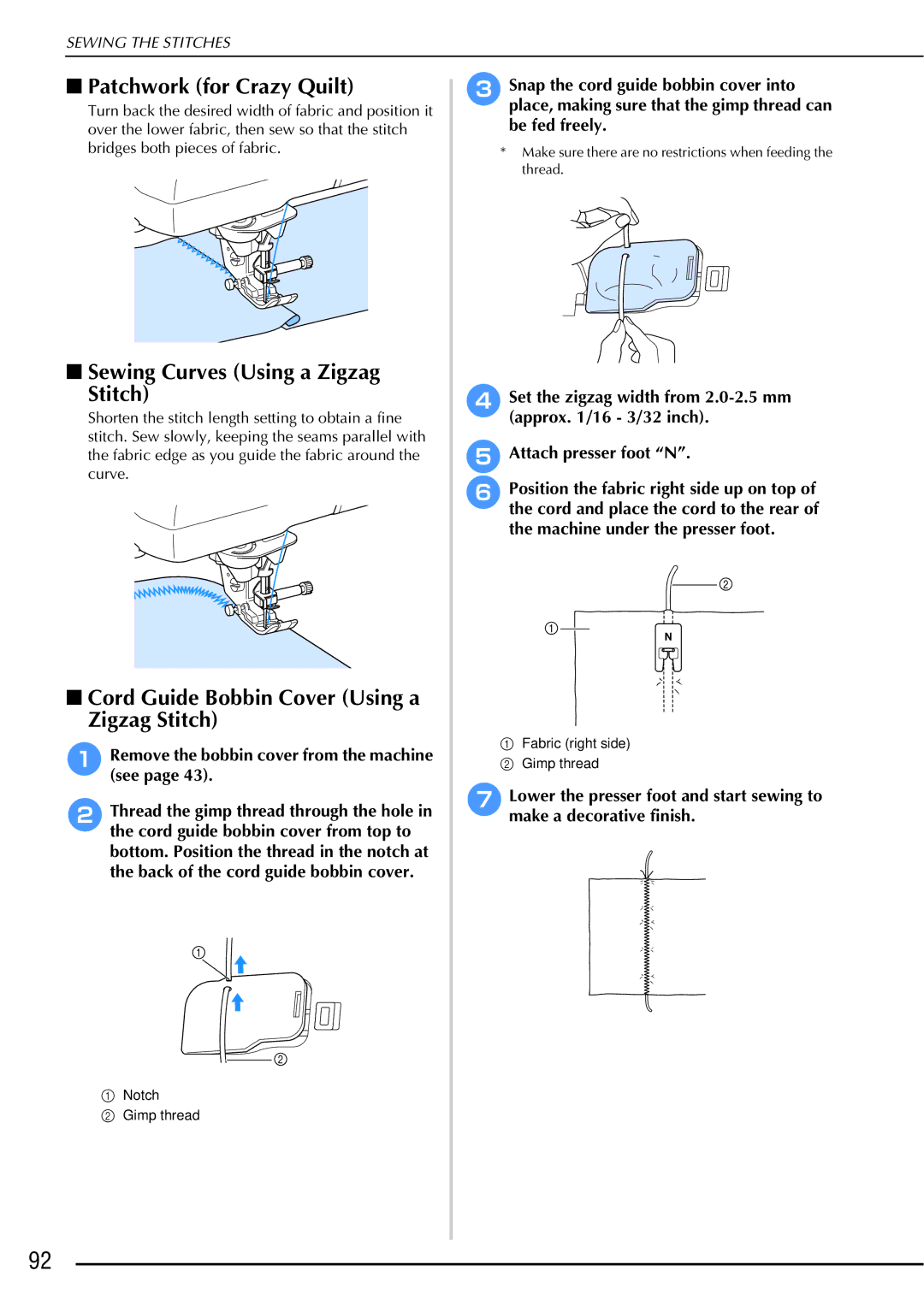 Brother 882-W01, 882-W02 operation manual Patchwork for Crazy Quilt, Sewing Curves Using a Zigzag Stitch 