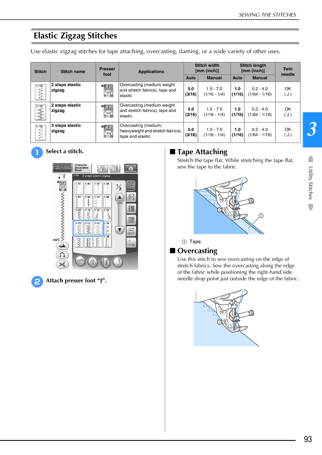 Brother 882-W02, 882-W01 operation manual Elastic Zigzag Stitches, Tape Attaching, Overcasting 