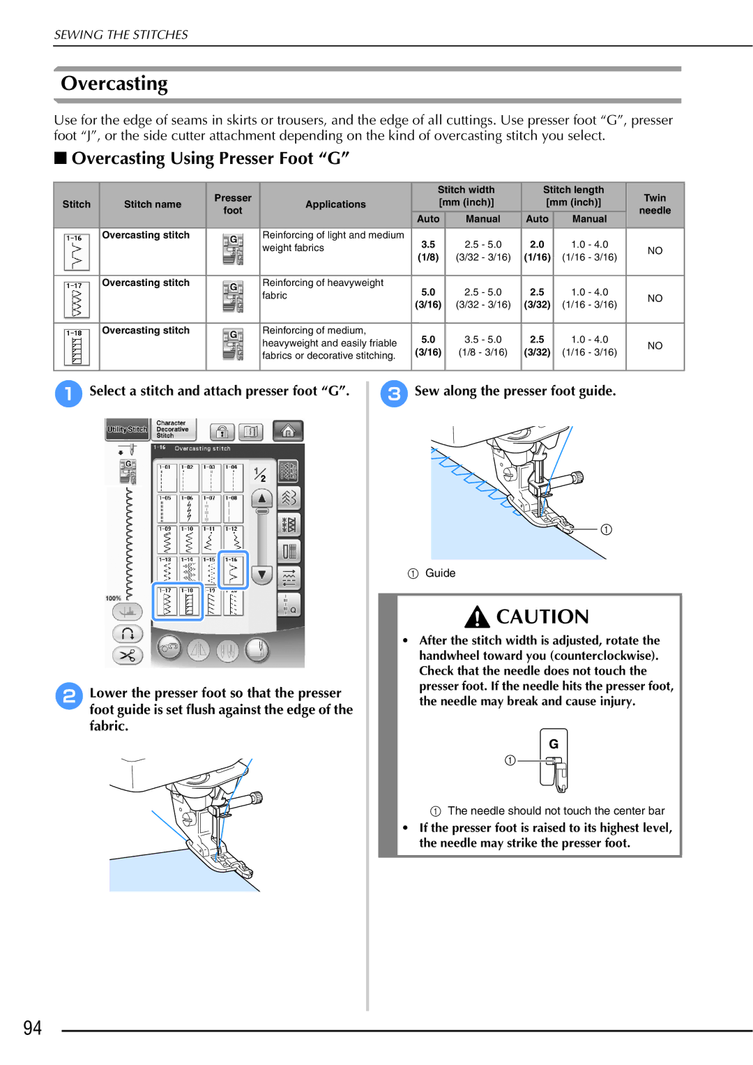 Brother 882-W01, 882-W02 operation manual Overcasting Using Presser Foot G 