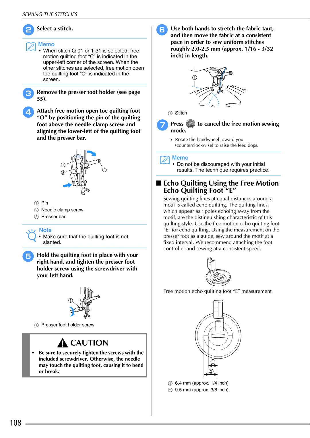 Brother 882-W01, 882-W02 operation manual 108, Echo Quilting Using the Free Motion Echo Quilting Foot E 