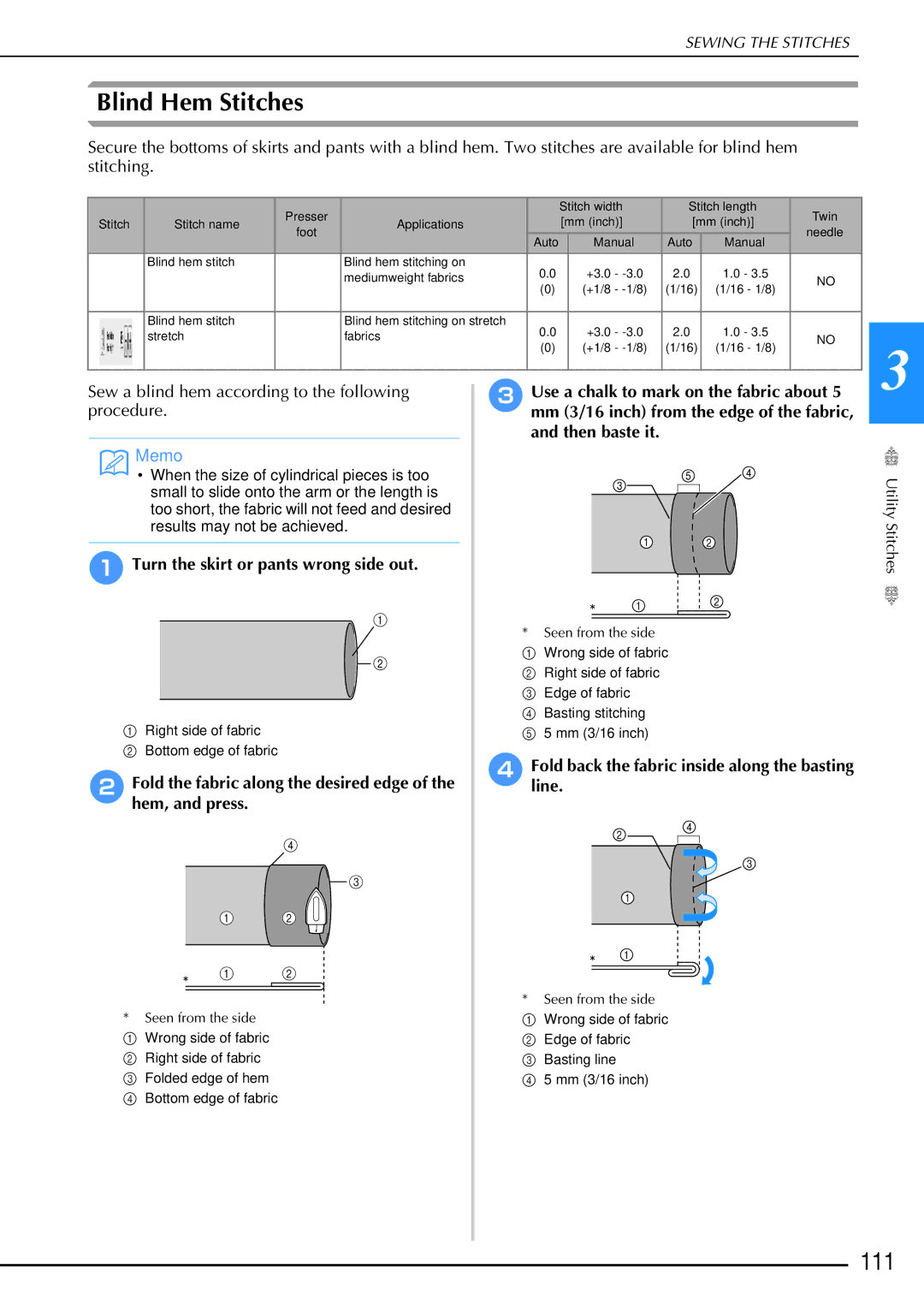 Brother 882-W02, 882-W01 operation manual Blind Hem Stitches, 111, Turn the skirt or pants wrong side out 