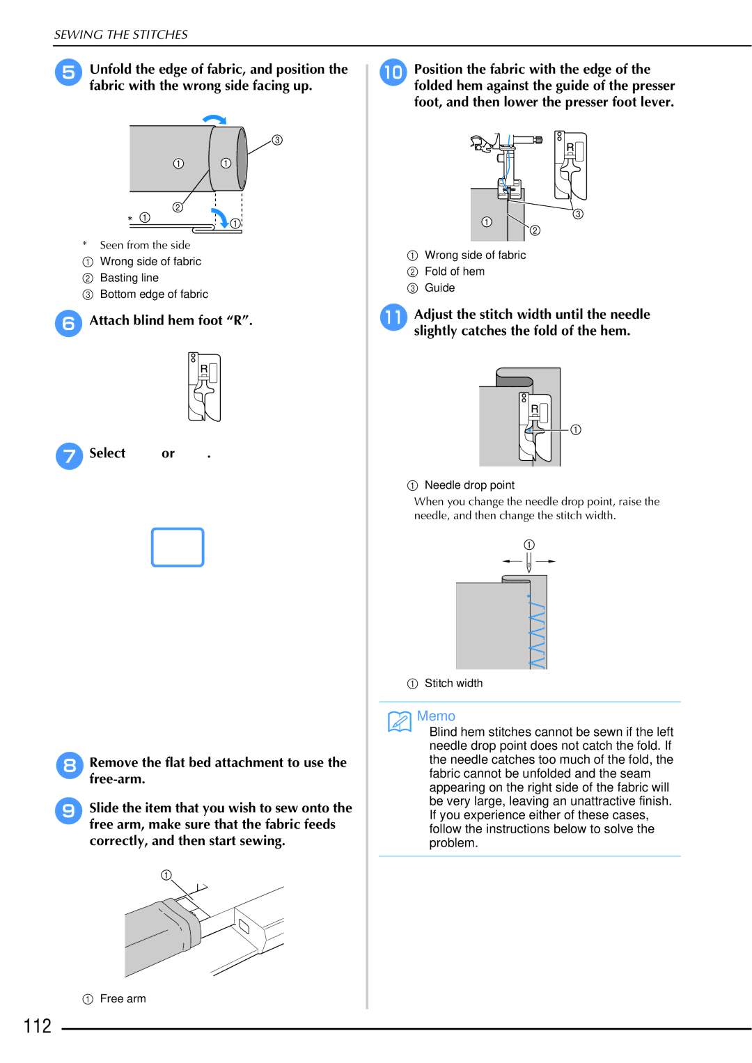 Brother 882-W01, 882-W02 operation manual 112, Attach blind hem foot R GSelect or 