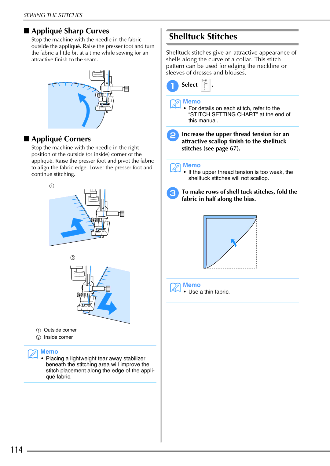 Brother 882-W01, 882-W02 operation manual Shelltuck Stitches, 114, Appliqué Sharp Curves, Appliqué Corners, ASelect 